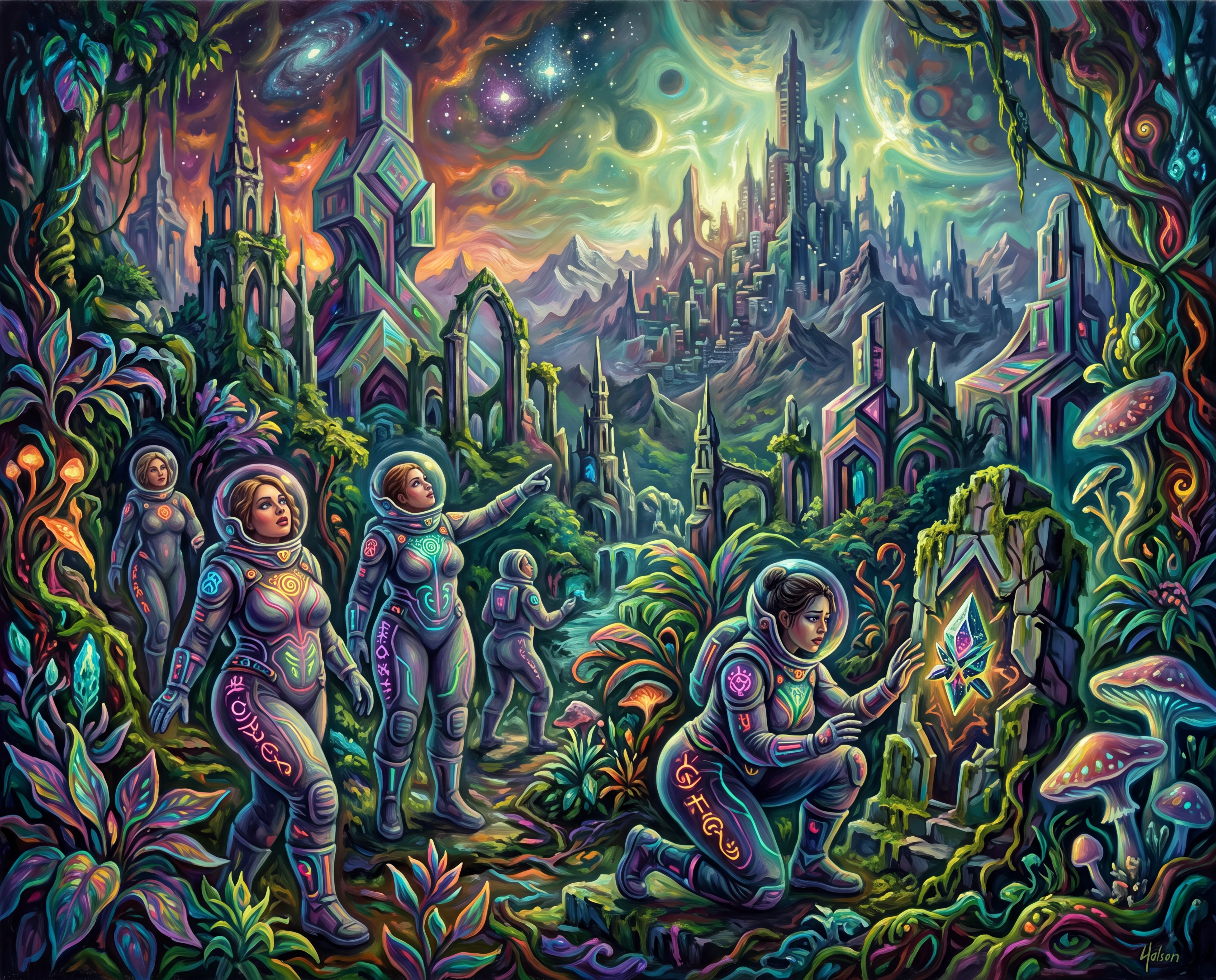 Mystical Jungle Planet With Curving Alien Ruins And Women Explorers