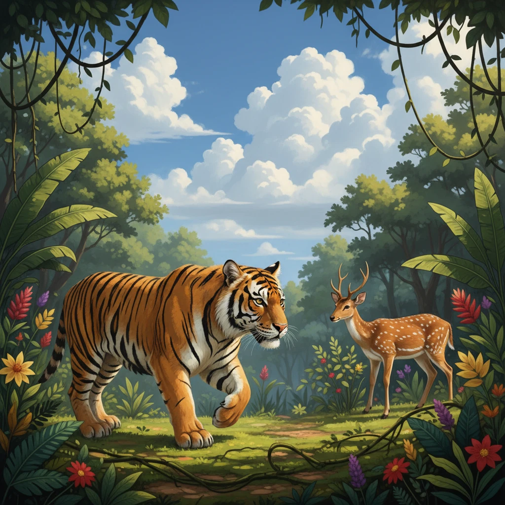 Tiger stalking deer through dense jungle foliage