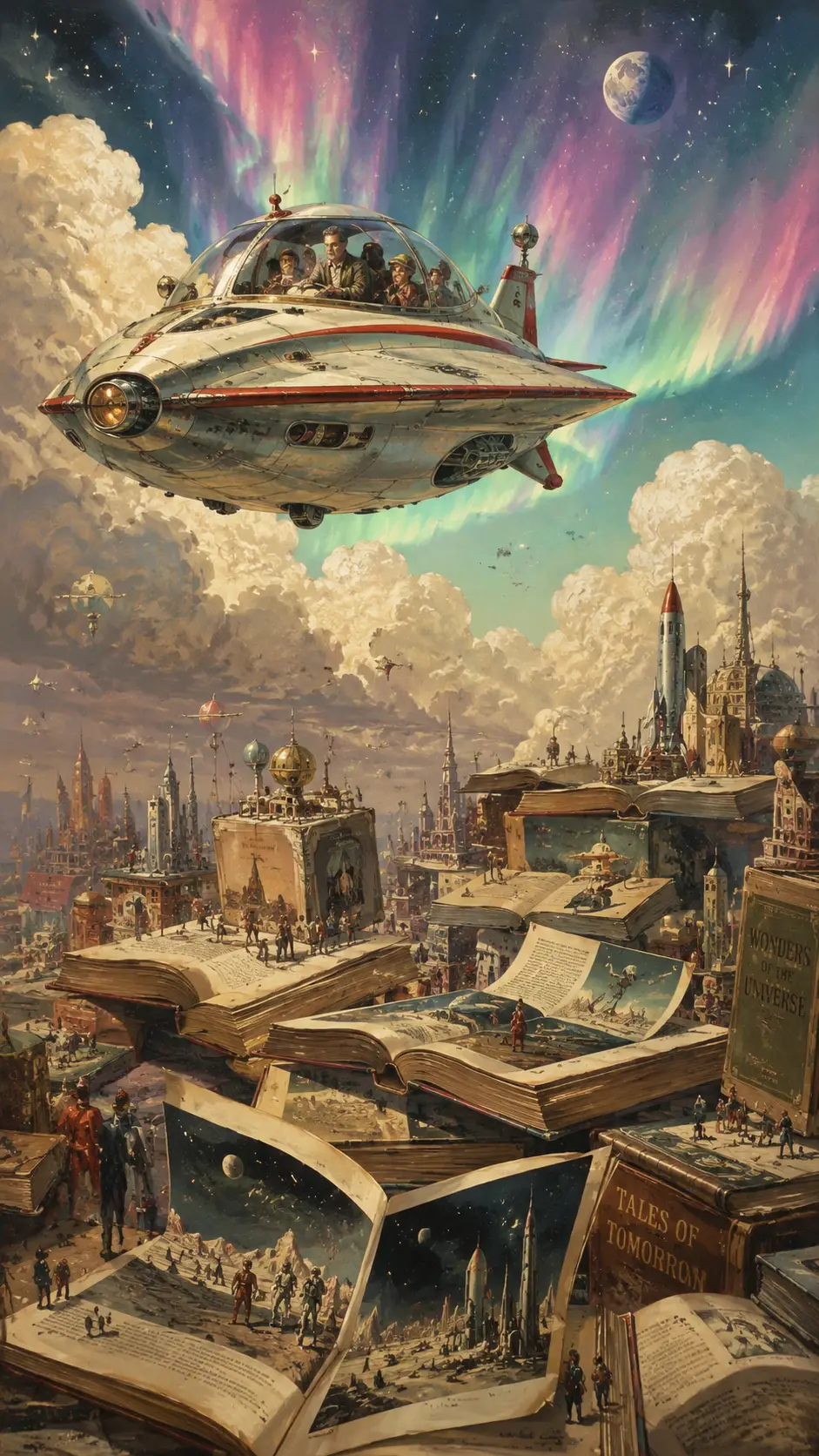 Surreal alien spaceship flying above a city of books