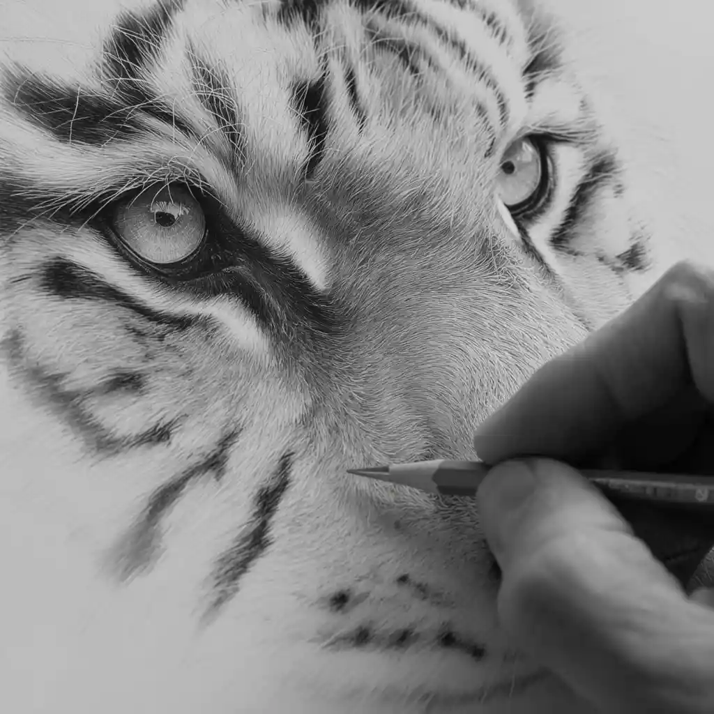 Boceto a lápiz en primer plano de la cara de un tigre blanco siendo dibujada