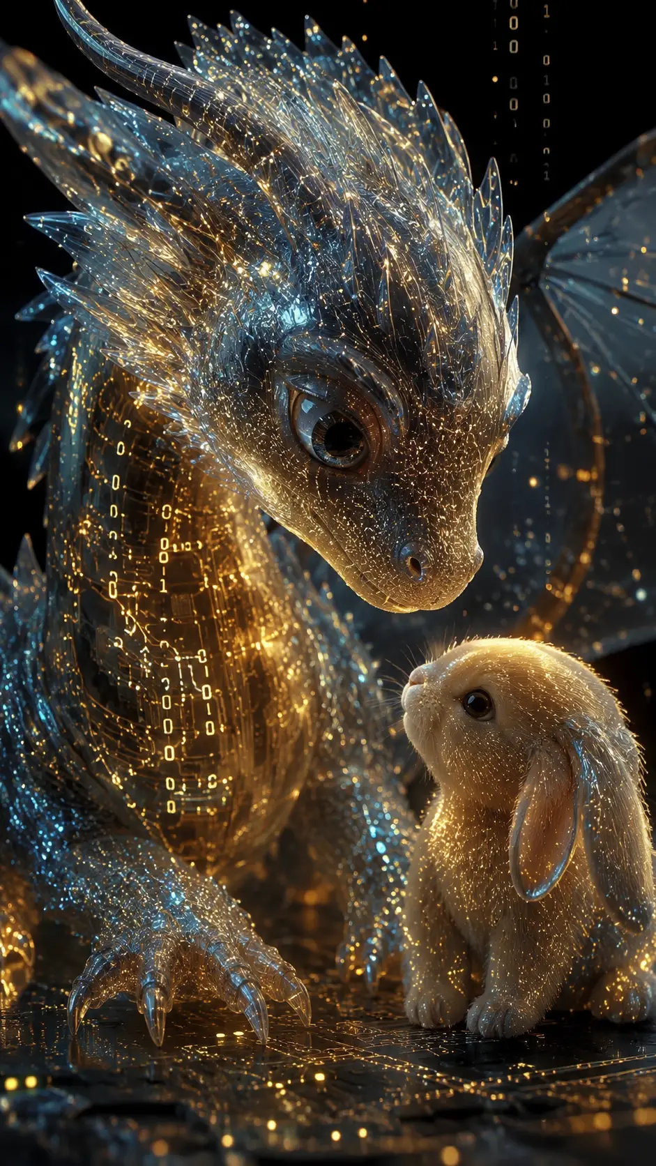 Baby dragon of data particles with rabbit companion