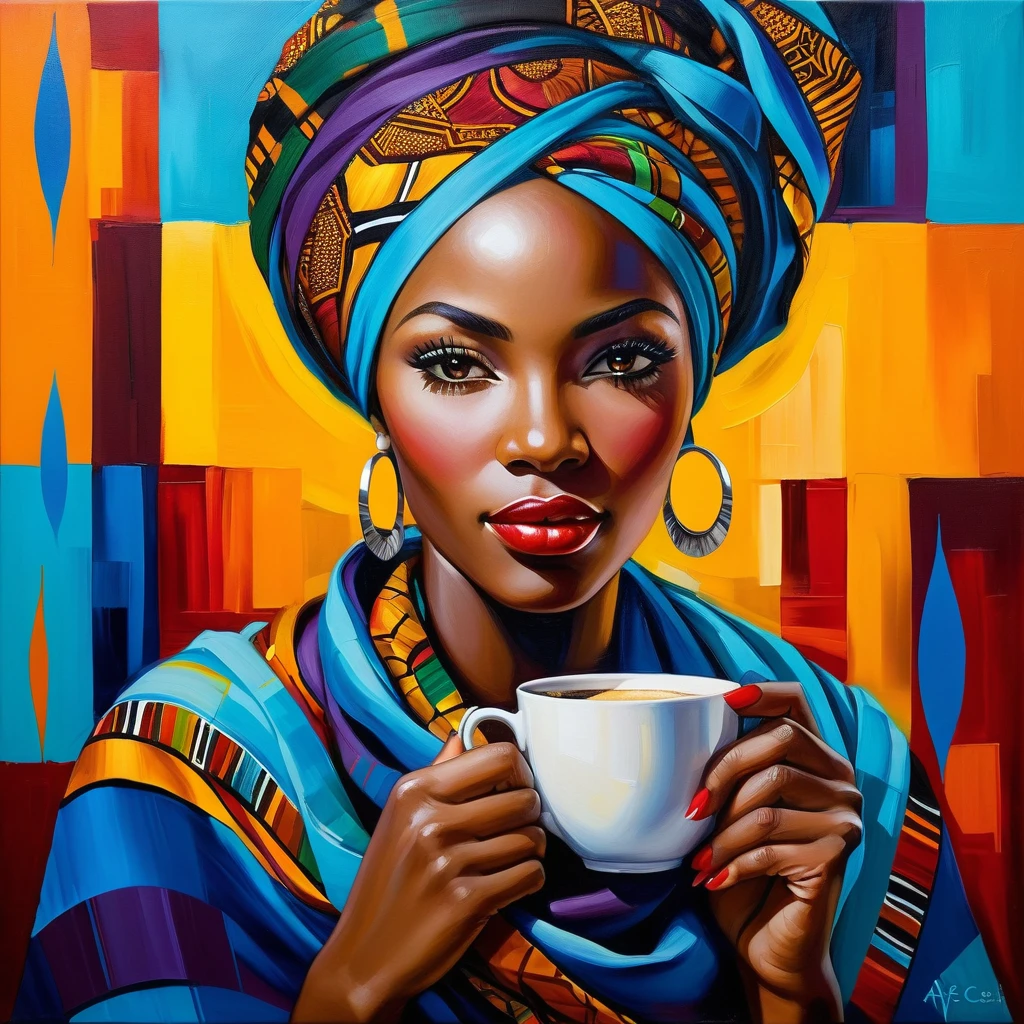 African American woman with coffee in colorful portrait