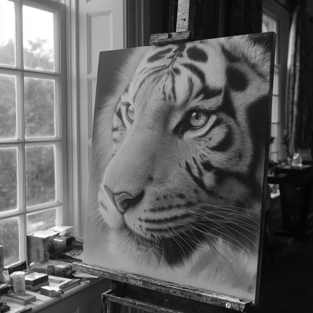 White tiger face pencil drawing on easel in sunlight