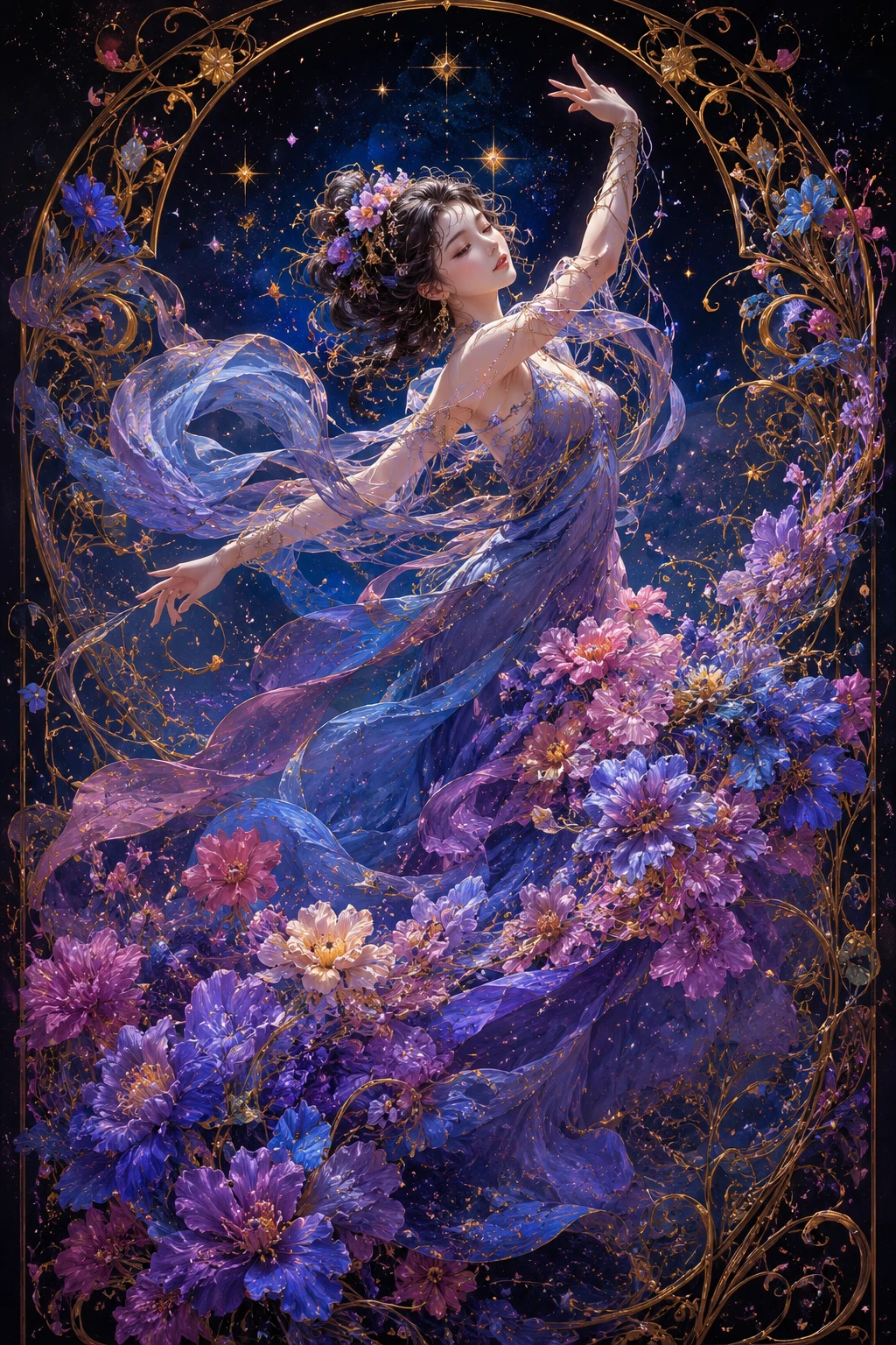 Ethereal woman dancing among celestial lights and blooming gown