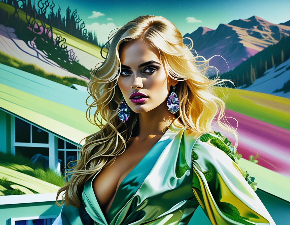 Blonde fashion woman in haute couture before mountain view