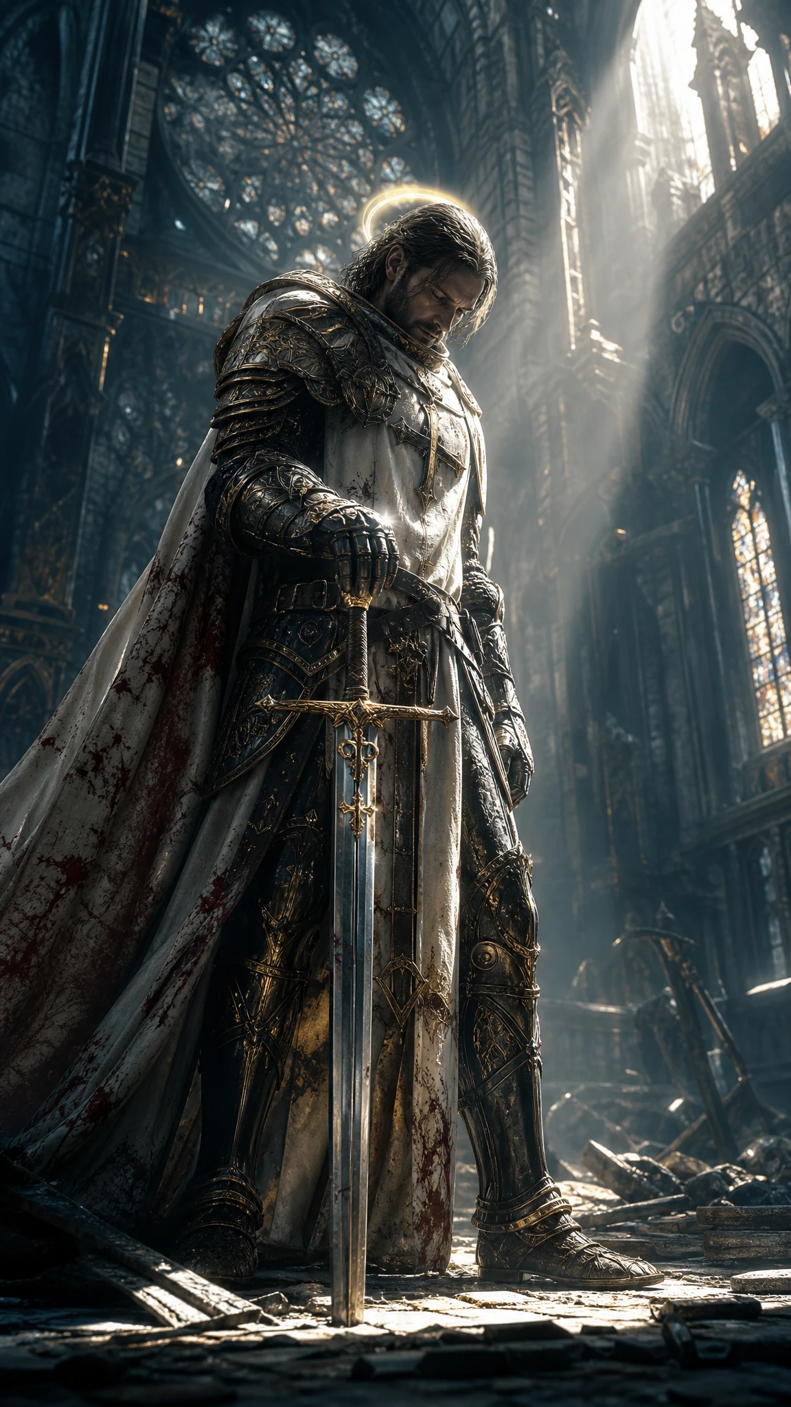 Holy knight standing in ruins of a gothic cathedral