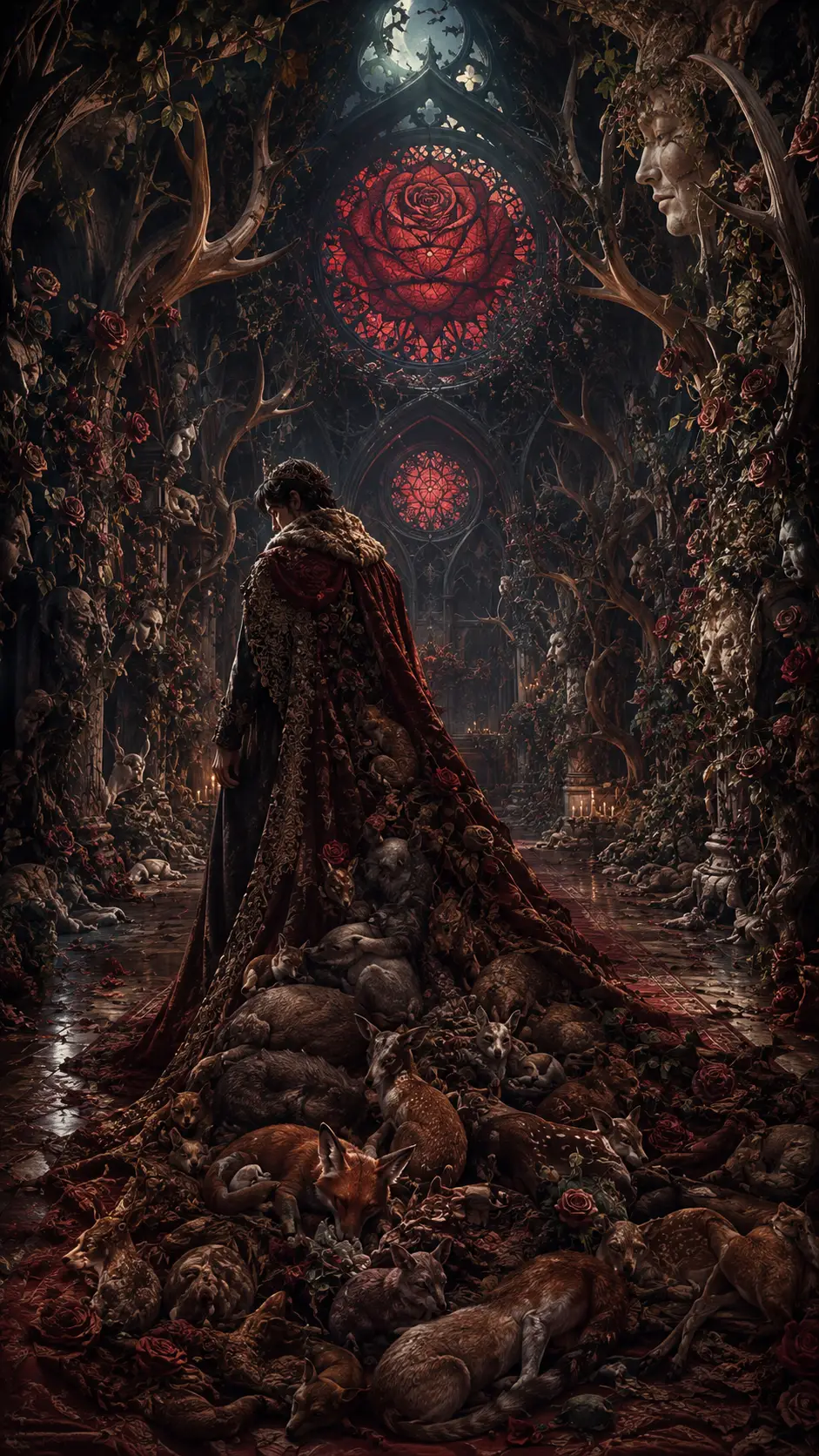 Lonely king walking through a living antler and rose palace