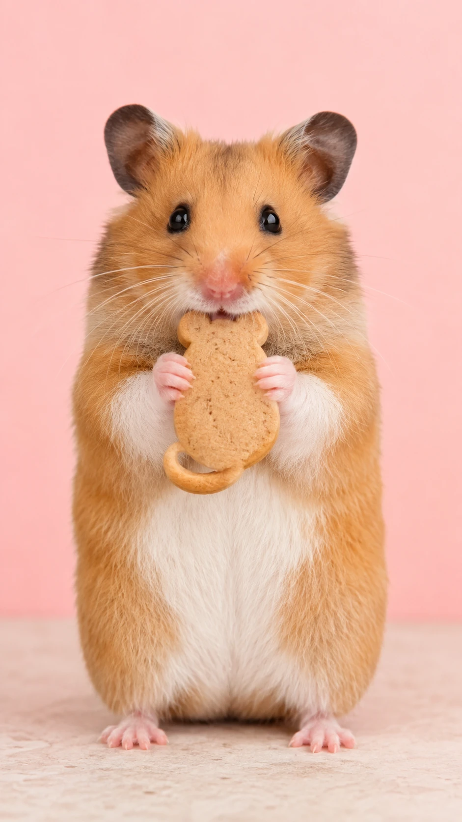 Syrian hamster eating a mouse shaped cookie on pink background