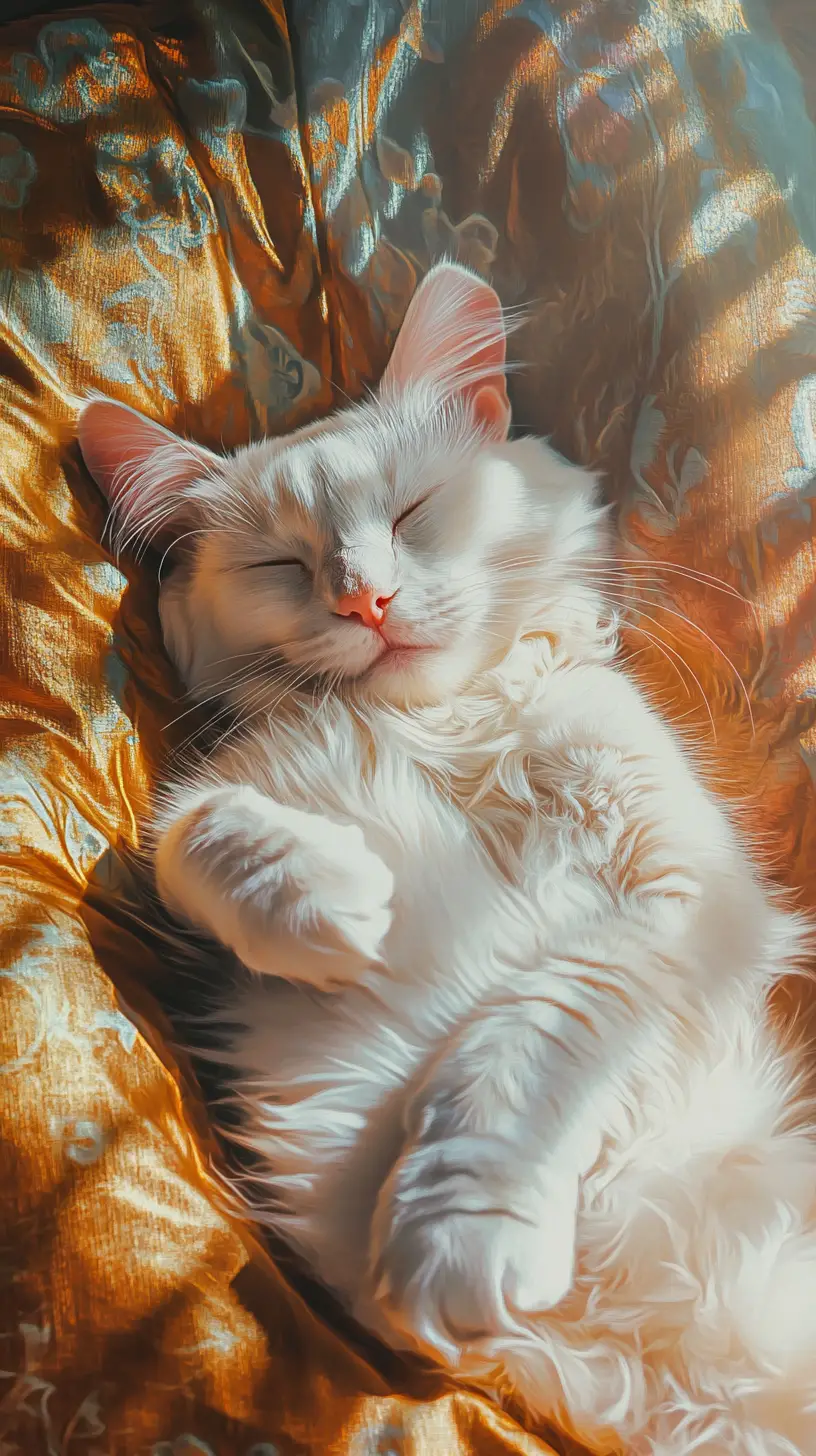 Neon hologram tiger cat sleeping on a golden pillow