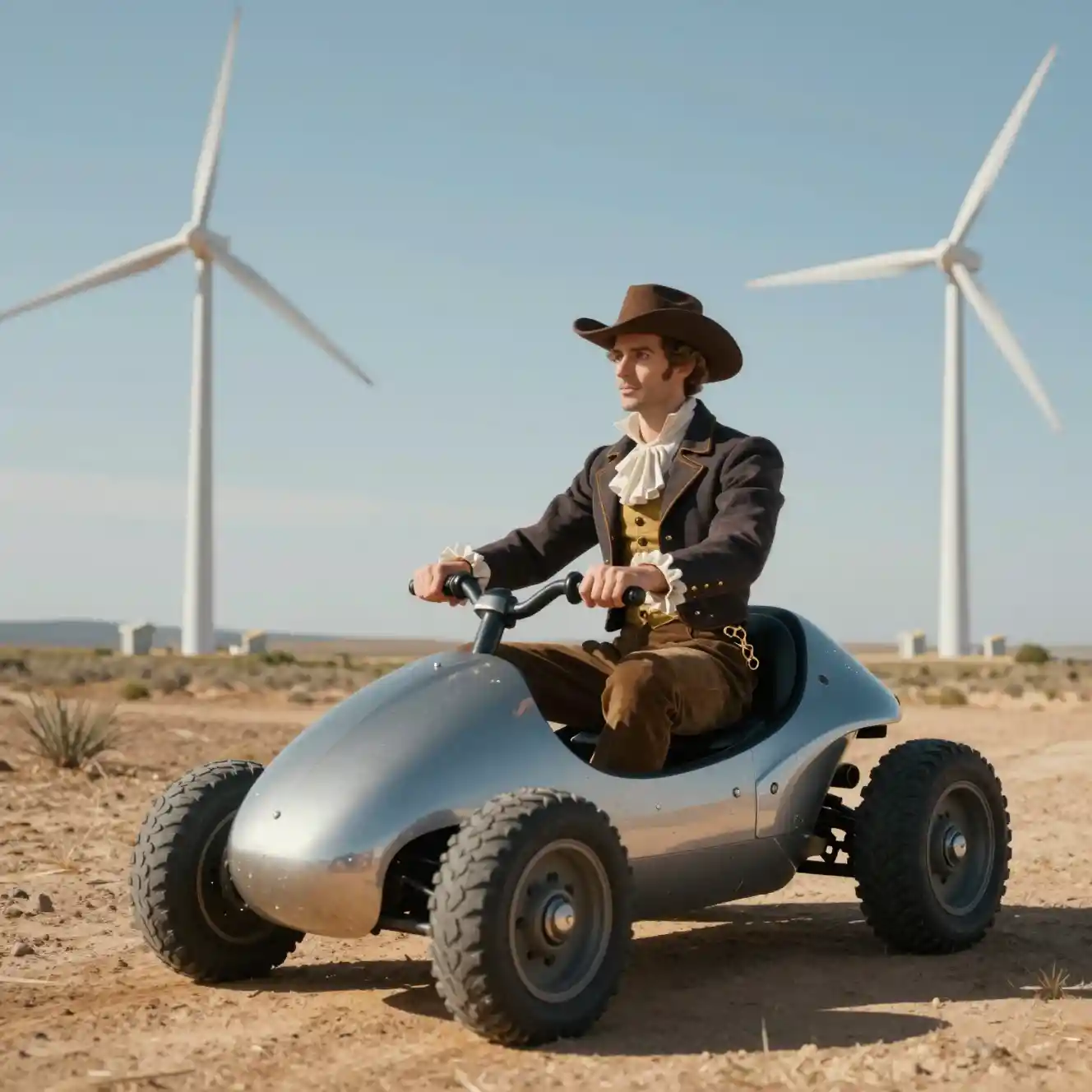 Modern rider in a futuristic vehicle at a wind farm
