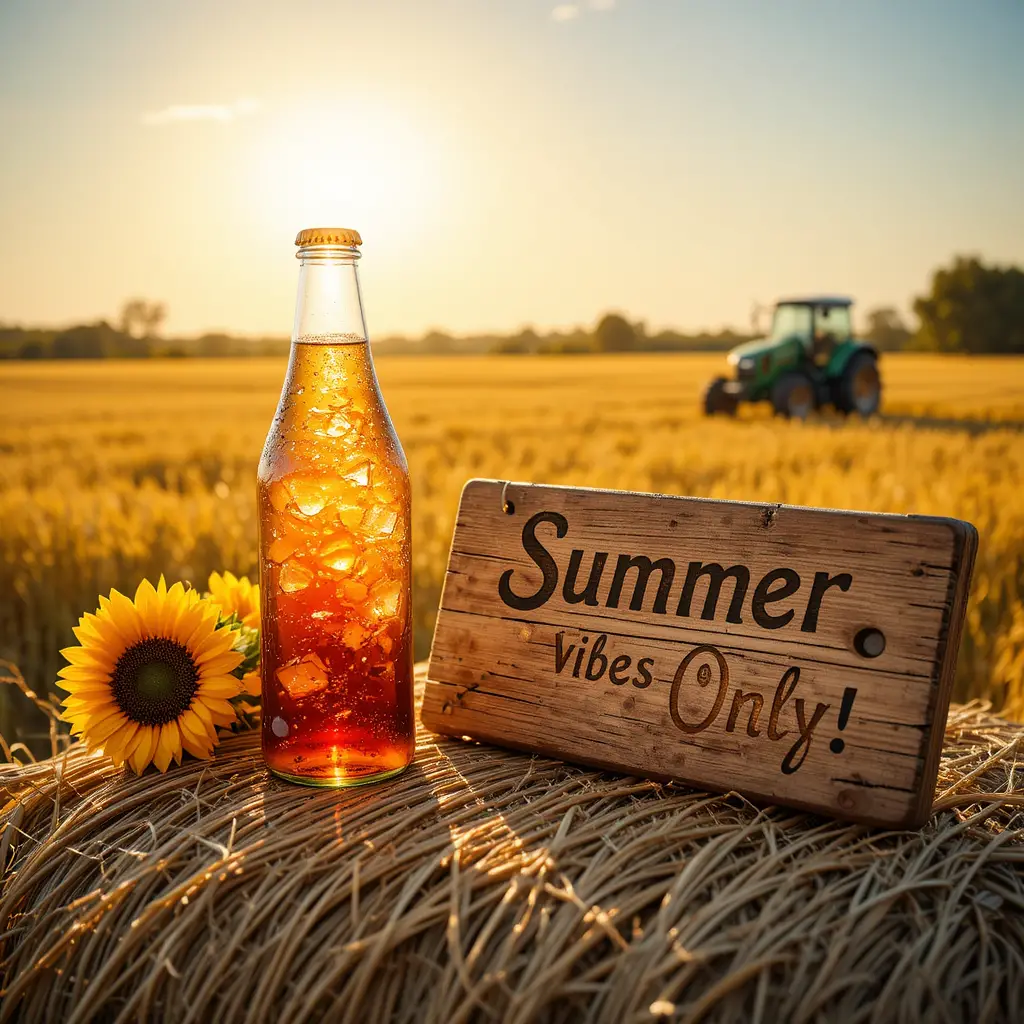 Iced tea bottle on straw bale in sunny wheat field