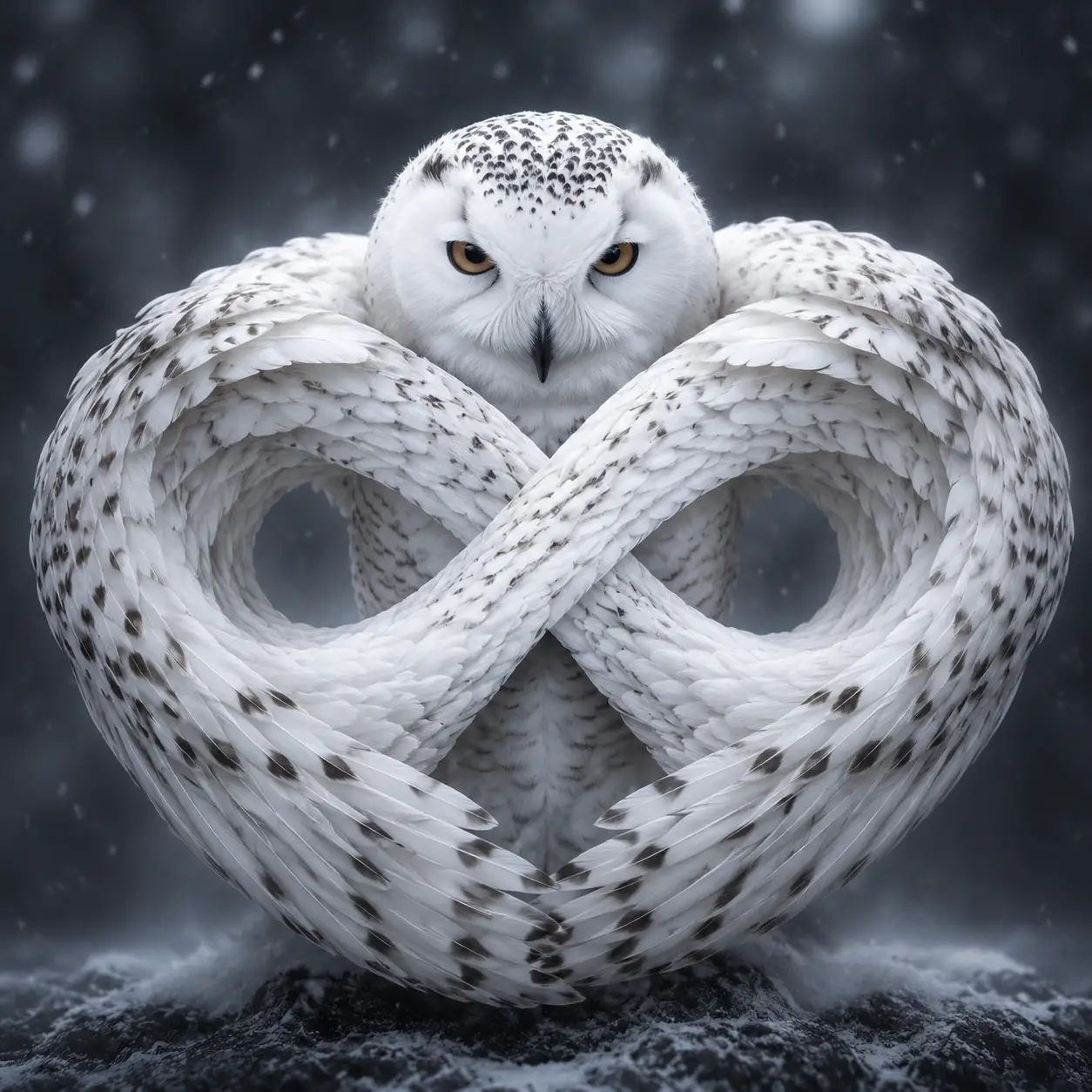 Snowy owl curling into a subtle feathered infinity symbol