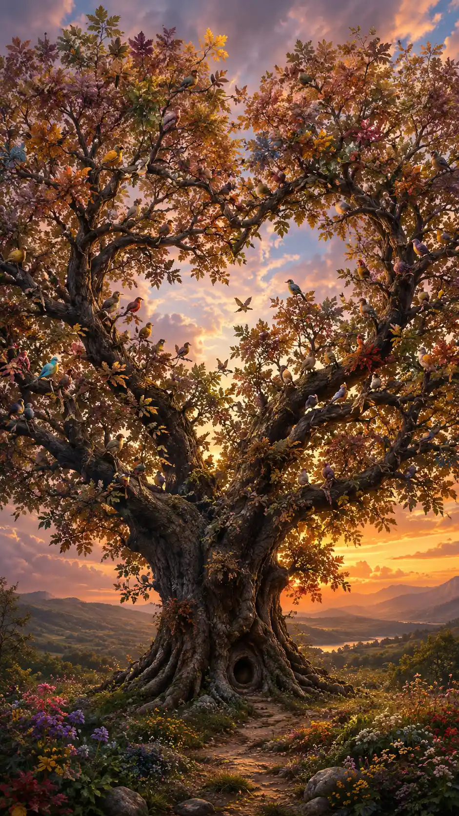 Old oak tree filled with leaves and resting birds