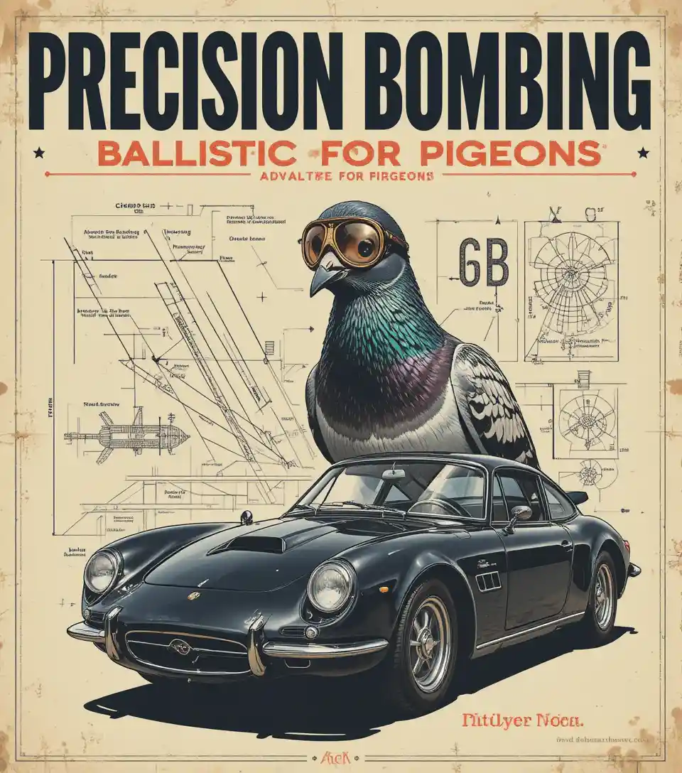 Vintage textbook cover of a calculating pigeon over sports car