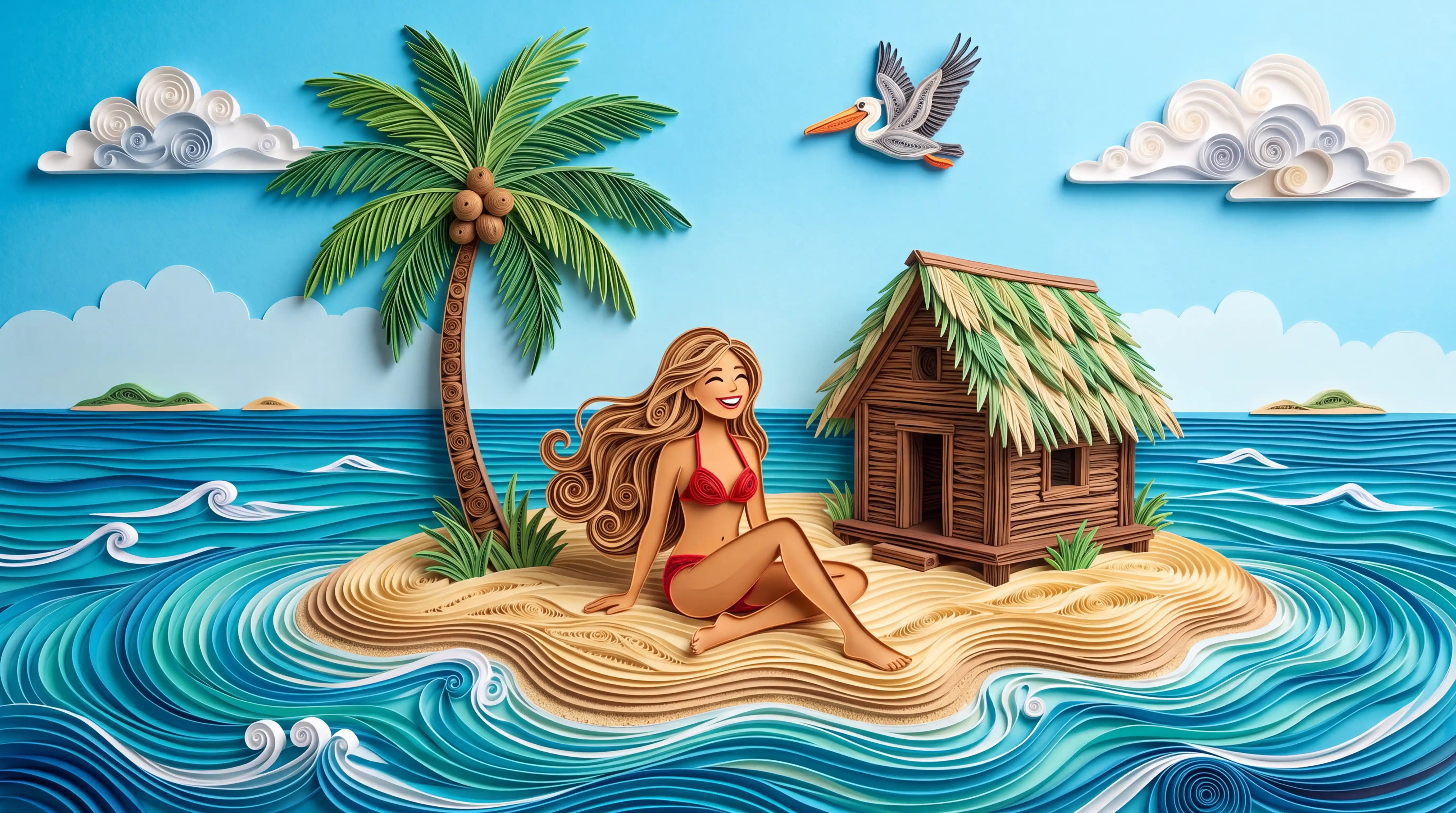Happy woman on tiny tropical island in paper quilling style