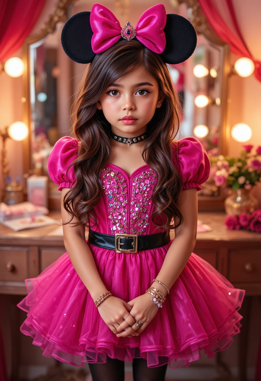 Nervous tween boy in princess costume by a vanity