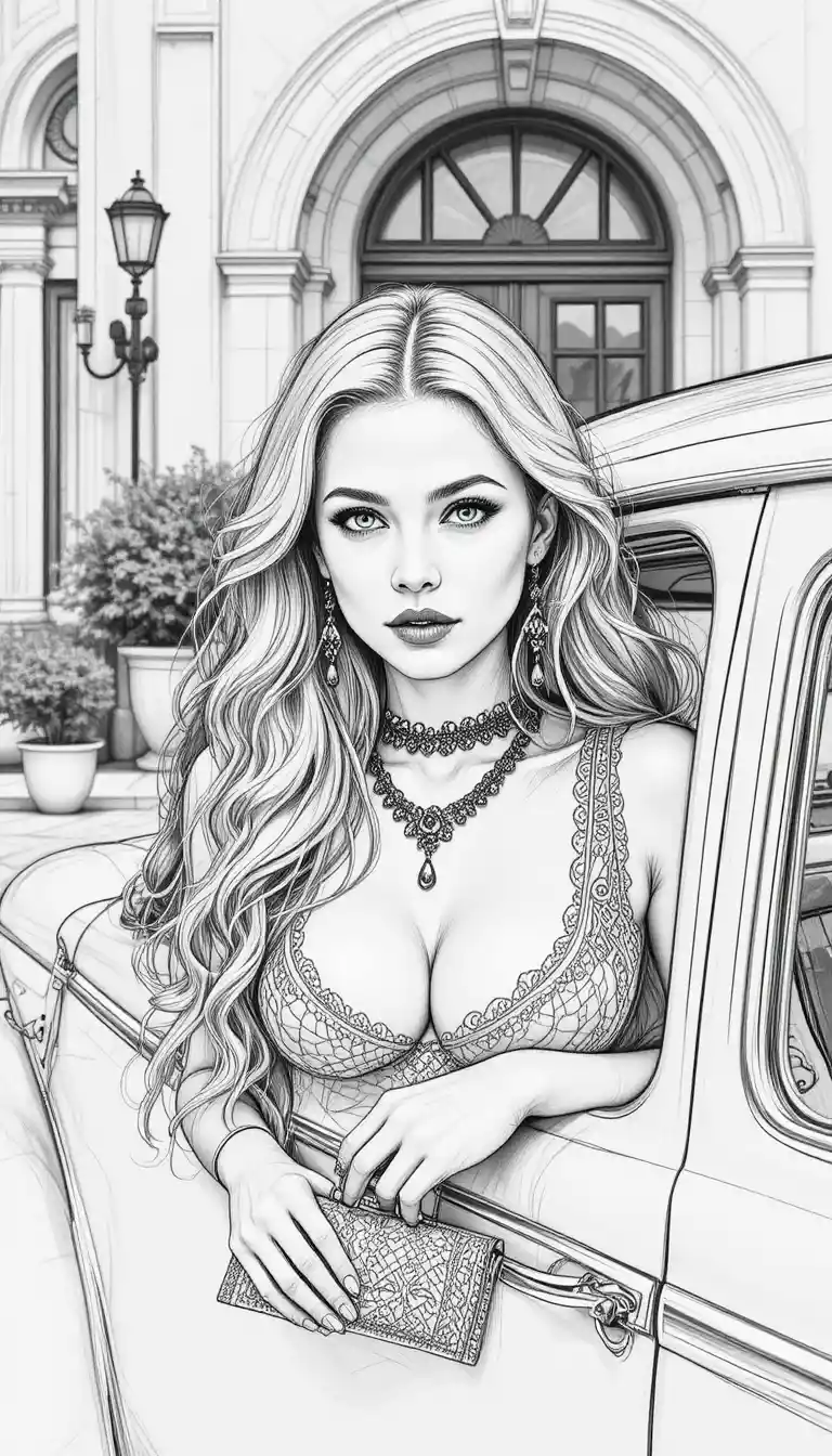 Mulher glamorosa inclinando-se de um carro antigo em desenho a lápis