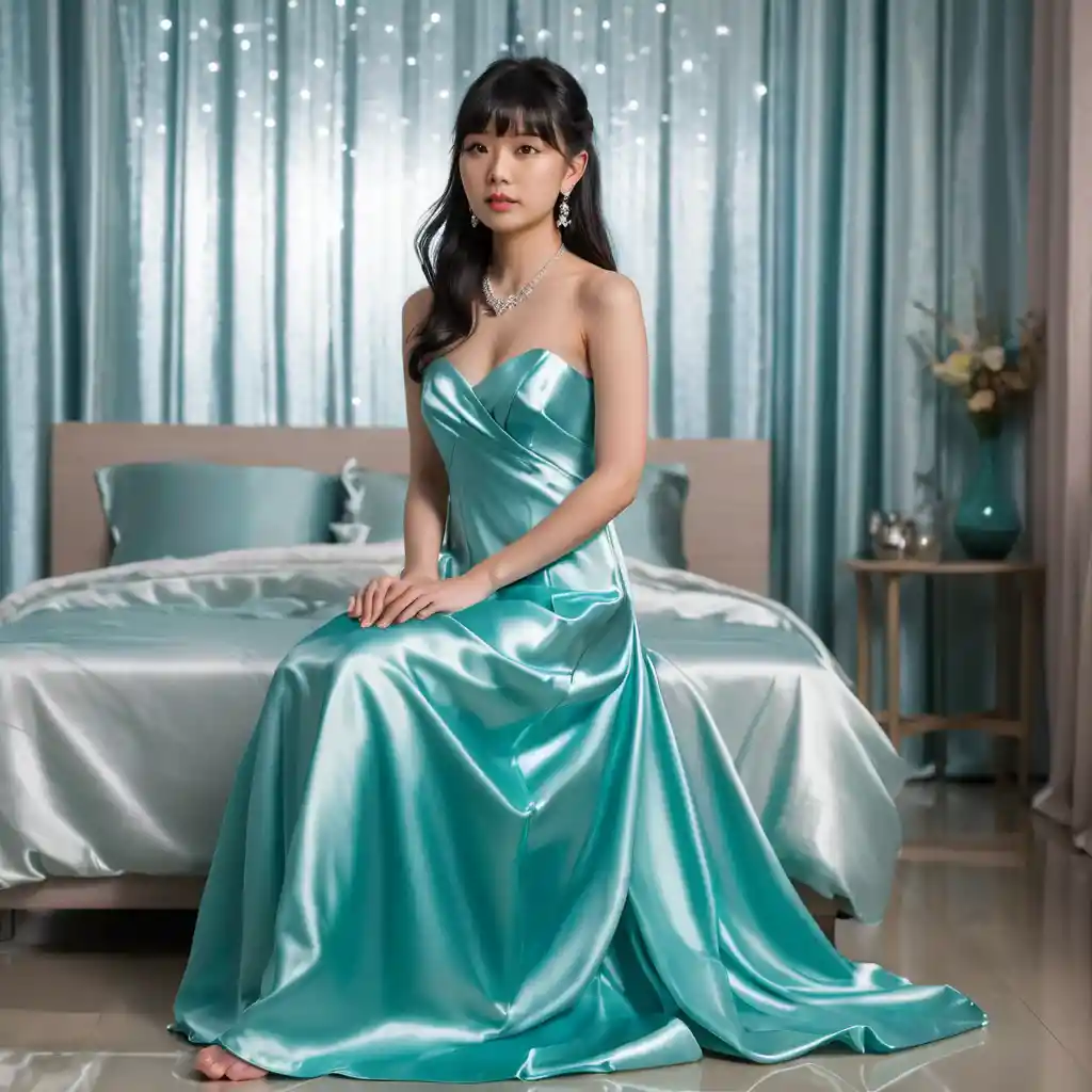 Elegant girl in bright satin gown standing in bedroom