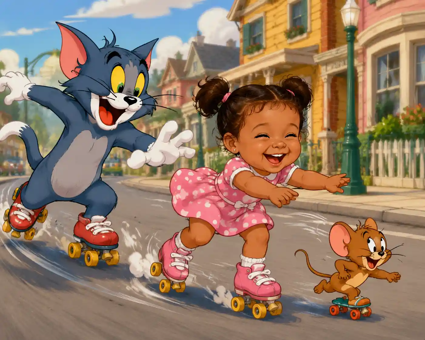 Playful cartoon cat and clever mouse in vintage house