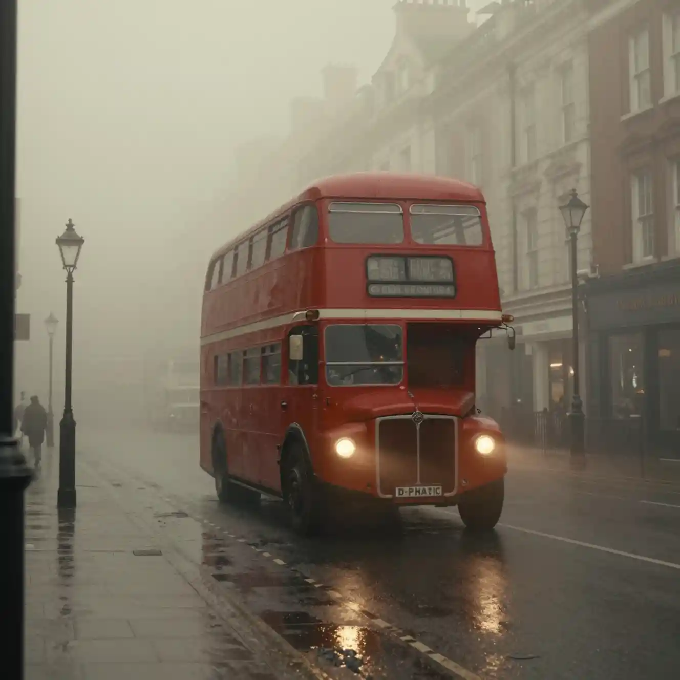Foggy London bus in dense mid century city street