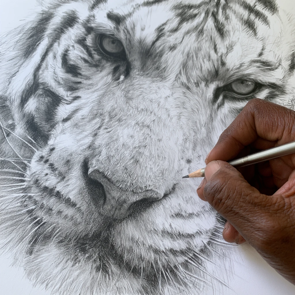 Close up pencil sketch of a white tiger face
