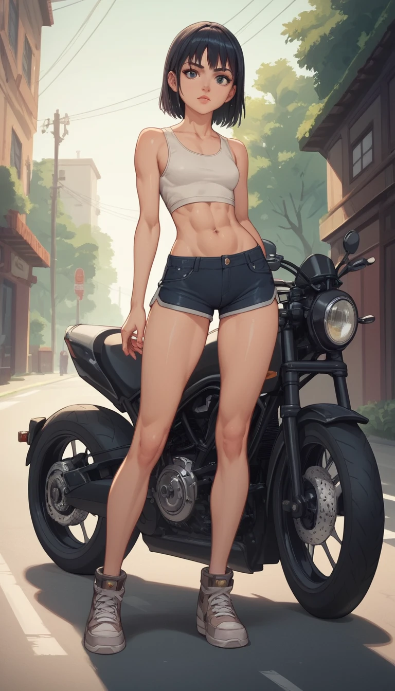 Anime girl standing beside a sleek sports motorcycle