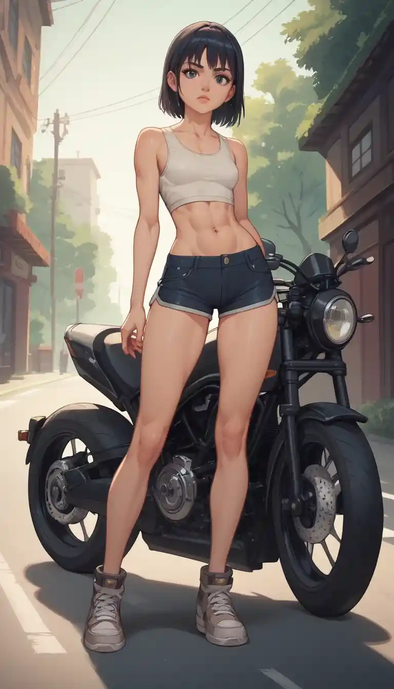 Anime girl standing beside a sleek sports motorcycle