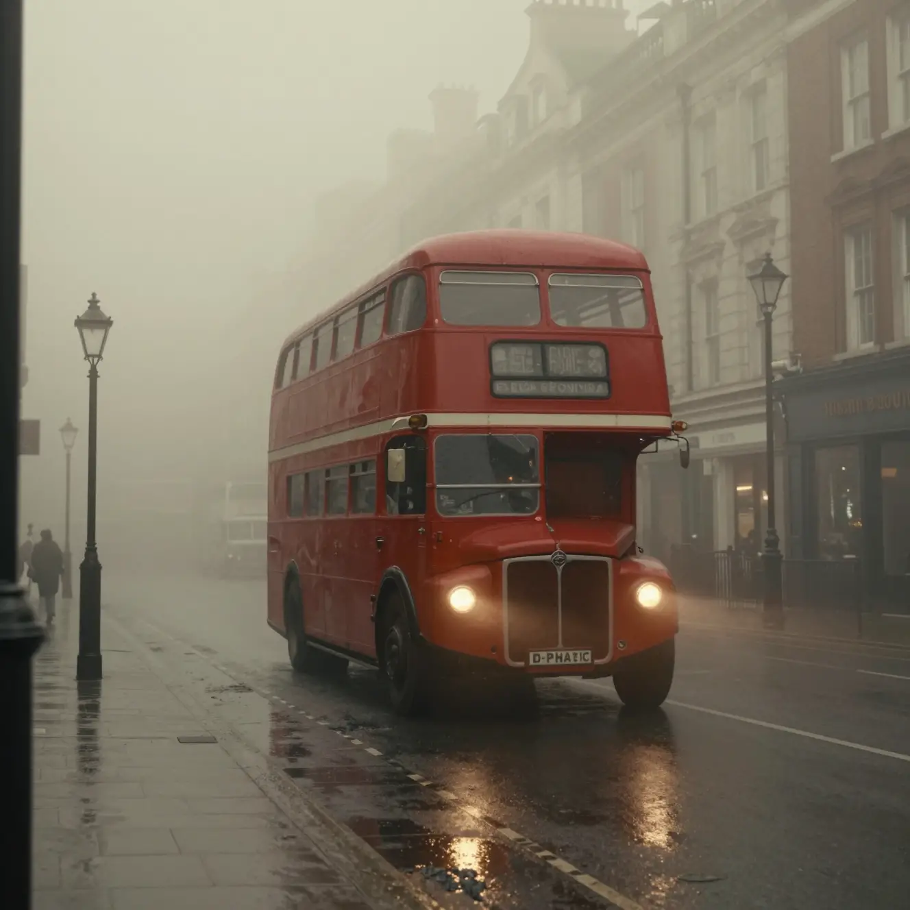 Foggy London bus in dense mid century city street