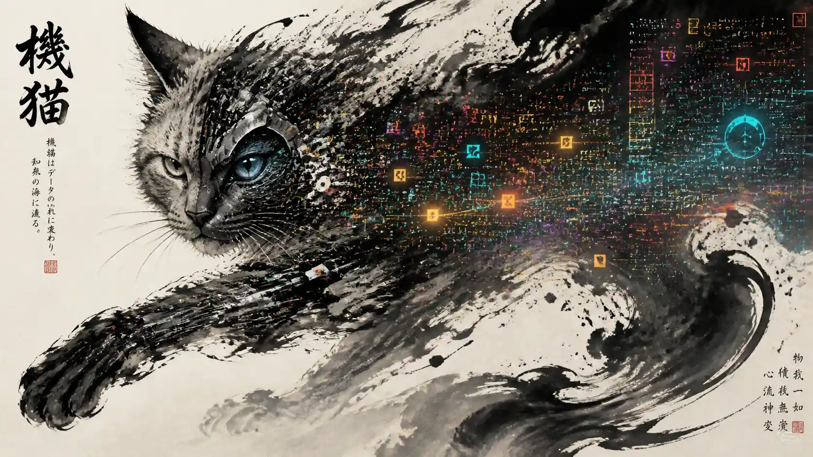 Cyber feline dissolving into colorful glyphs and ink strokes