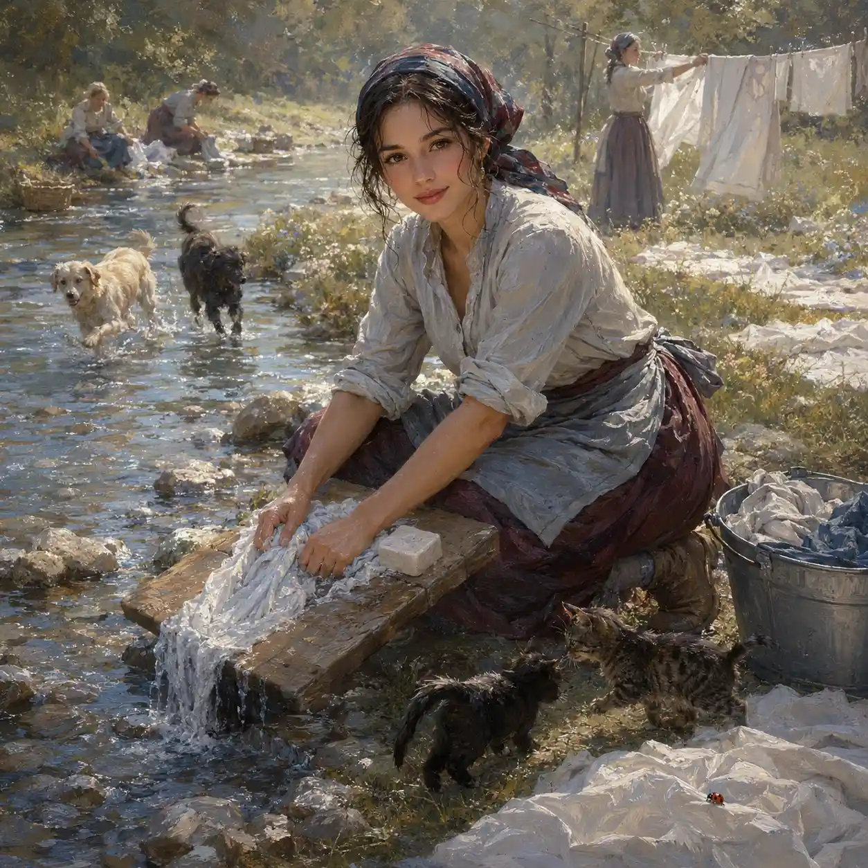 Young woman washing clothes by a quiet riverside