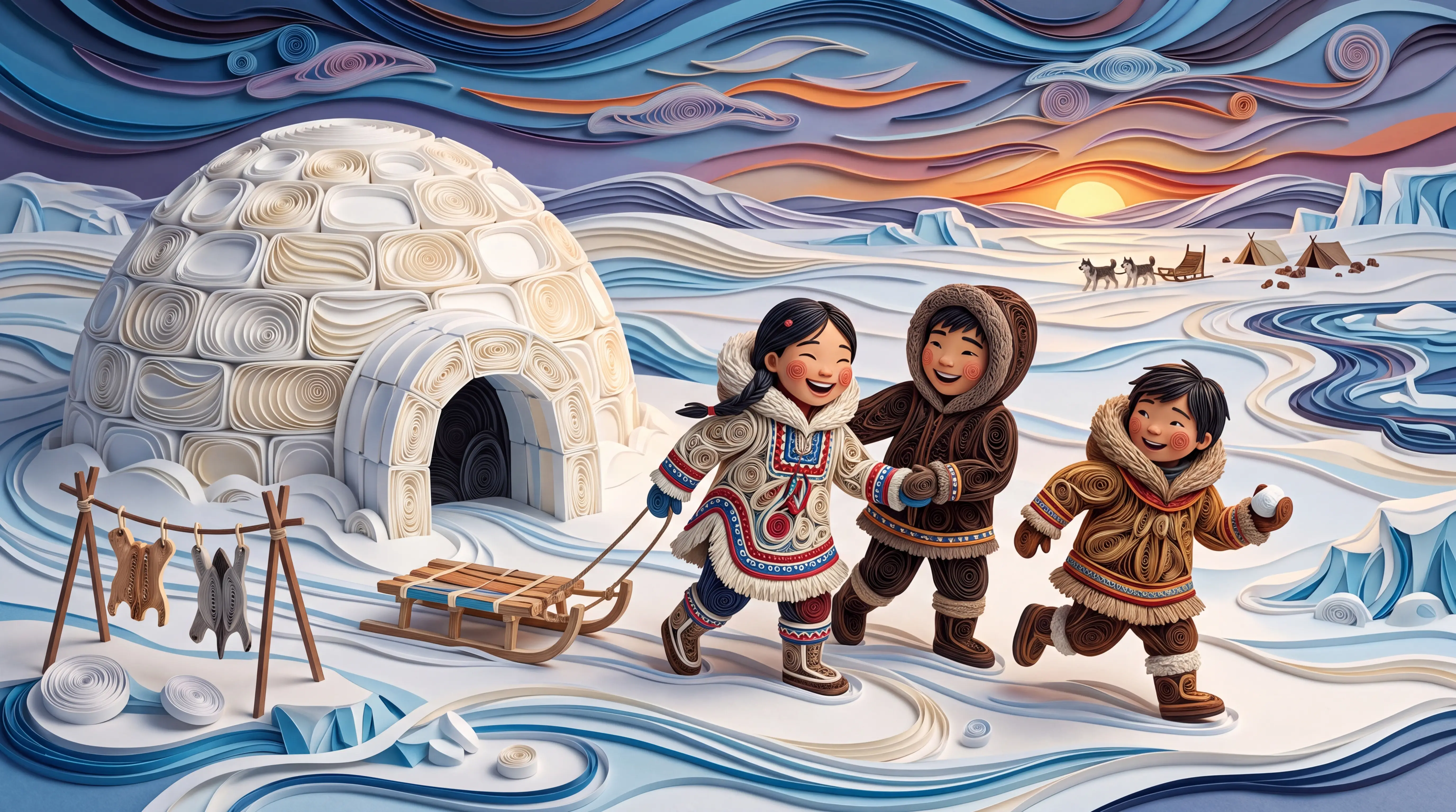 Inuit children playing by an igloo in the Arctic snow