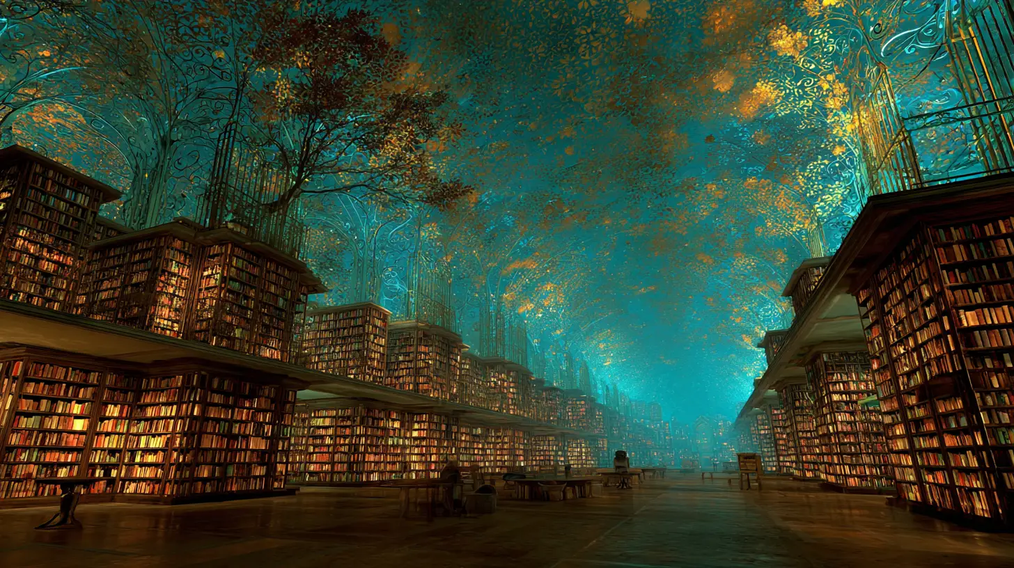 Surreal drowned library in an alien underwater city