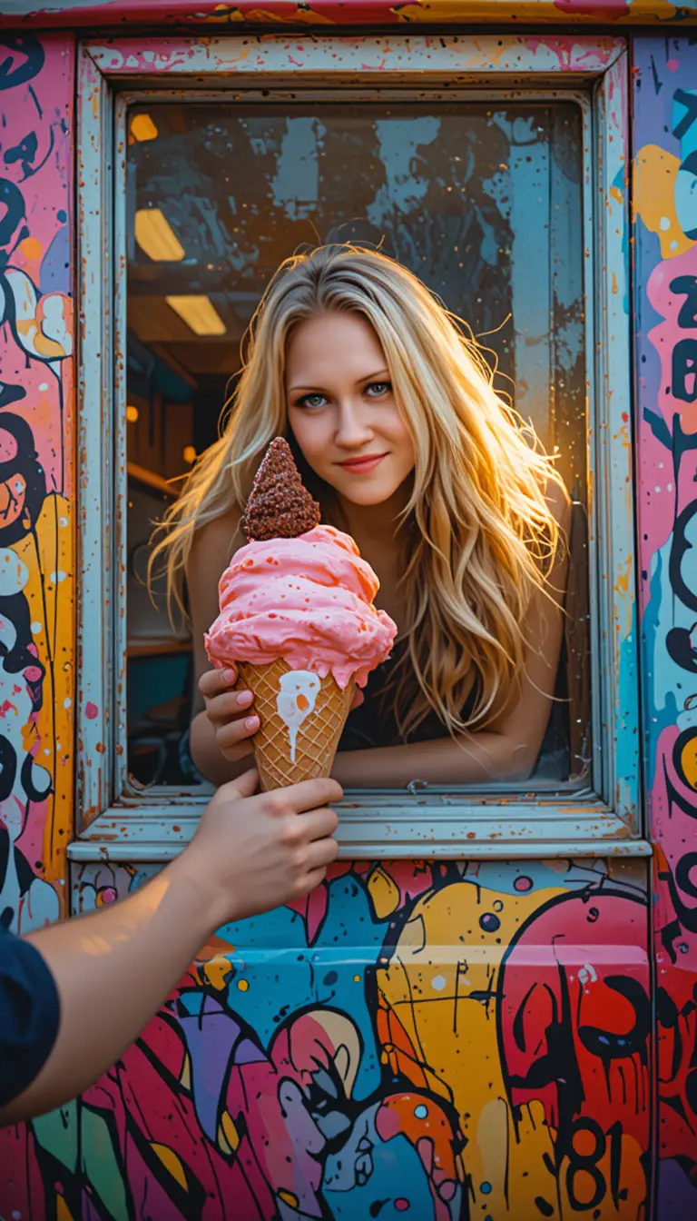 Smiling ice cream girl serving a giant strawberry cone