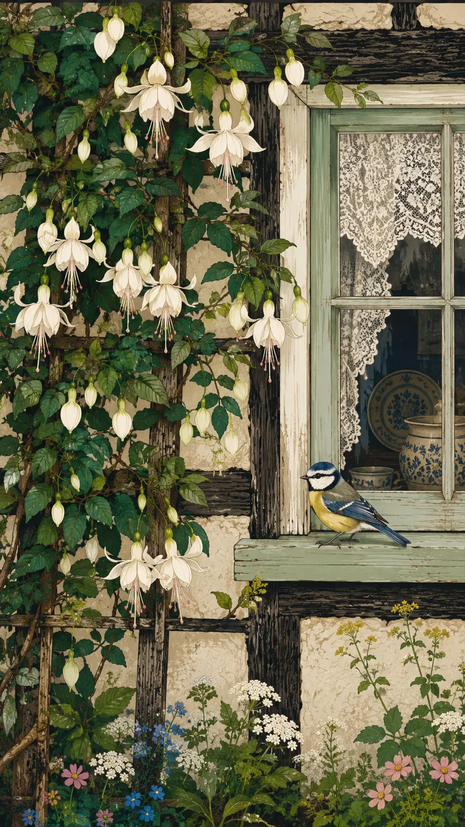 Verspieltes Bauernhaus-Spalier mit weißen Fuchsien und Singvogel
