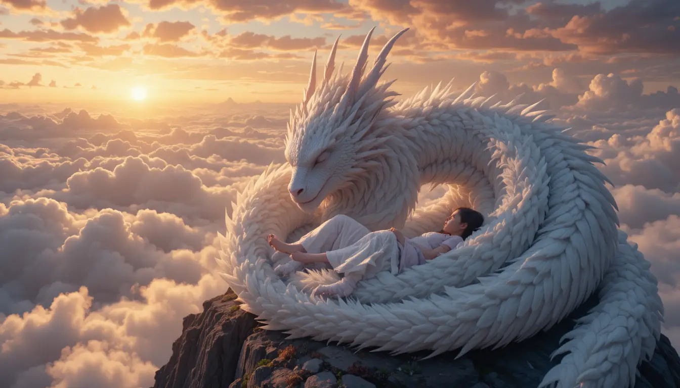 Sleeping white dragon on a sunny mountain peak