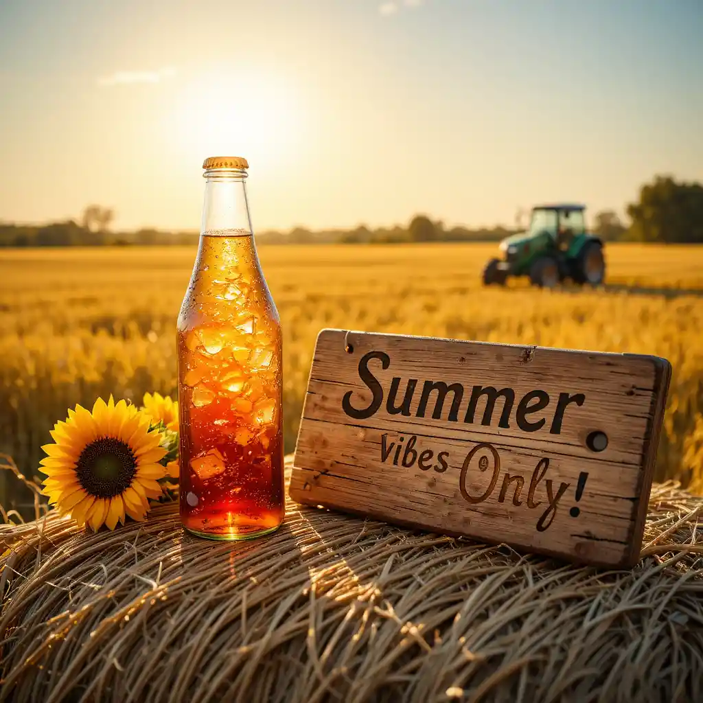 Iced tea bottle on straw bale in sunny wheat field