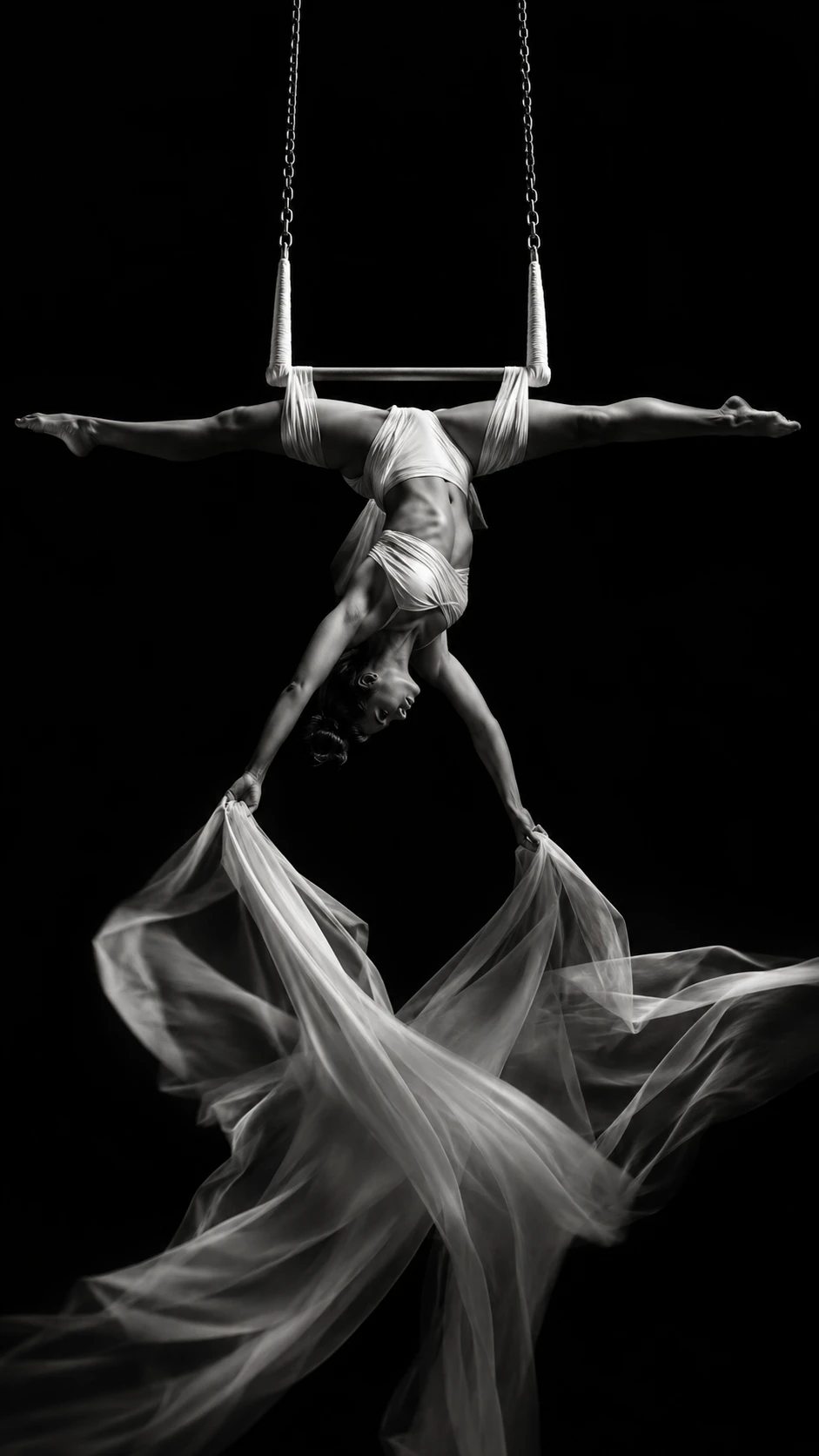 Woman aerialist in dramatic upside down split on trapeze