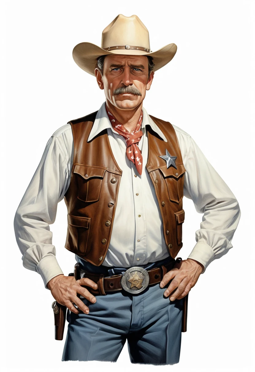 Middle aged sheriff in vest with dramatic full body pose