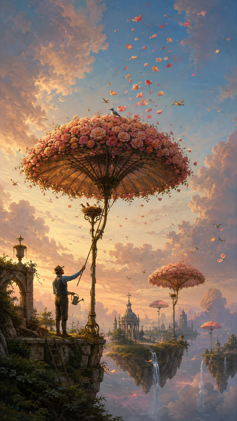Gardener Tending Giant Flowering Trees On Floating Islands