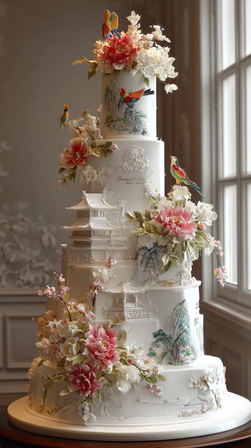 Elegant white tiered cake with flowers and bird details