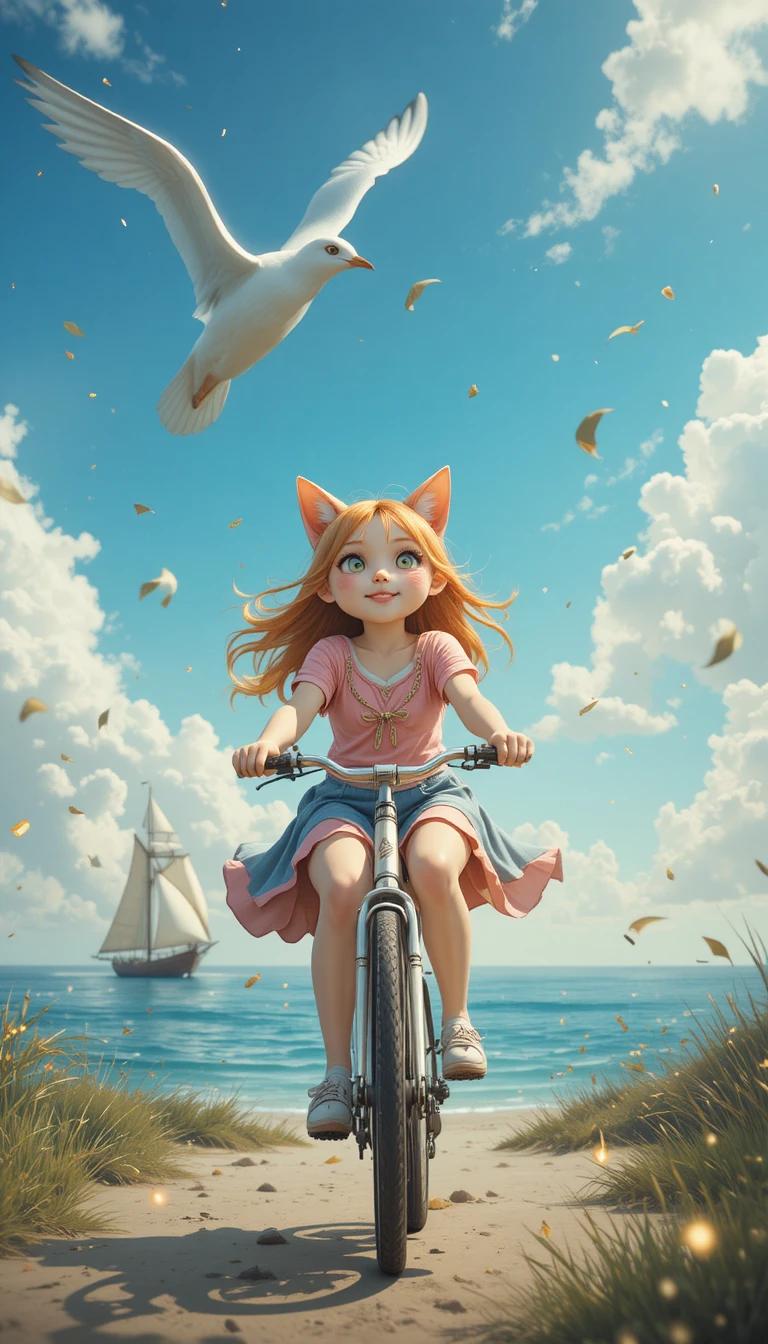 Cat girl riding a bicycle toward the viewer by the sea
