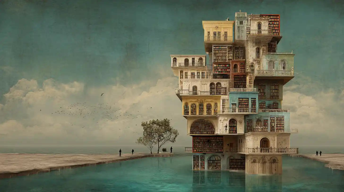 Surreal fantasy library in alien filigree architecture