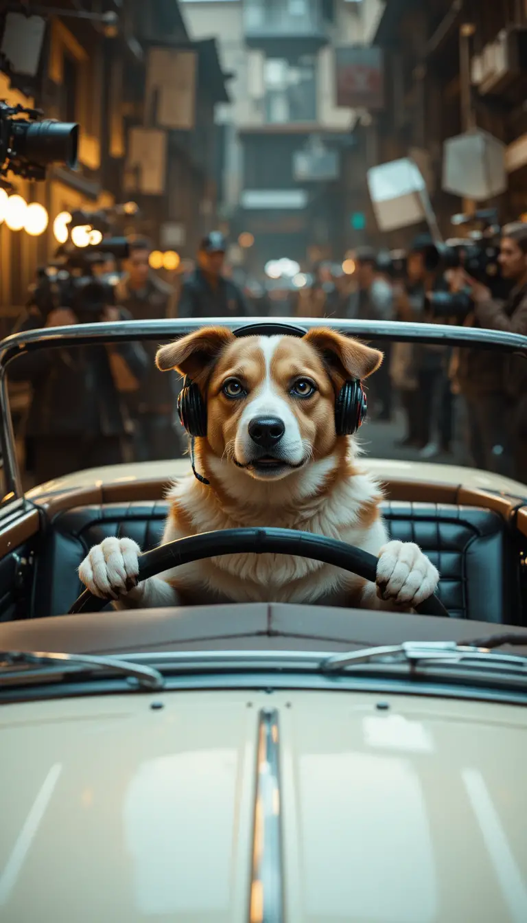 Expressive dog acting as driver on a busy film set
