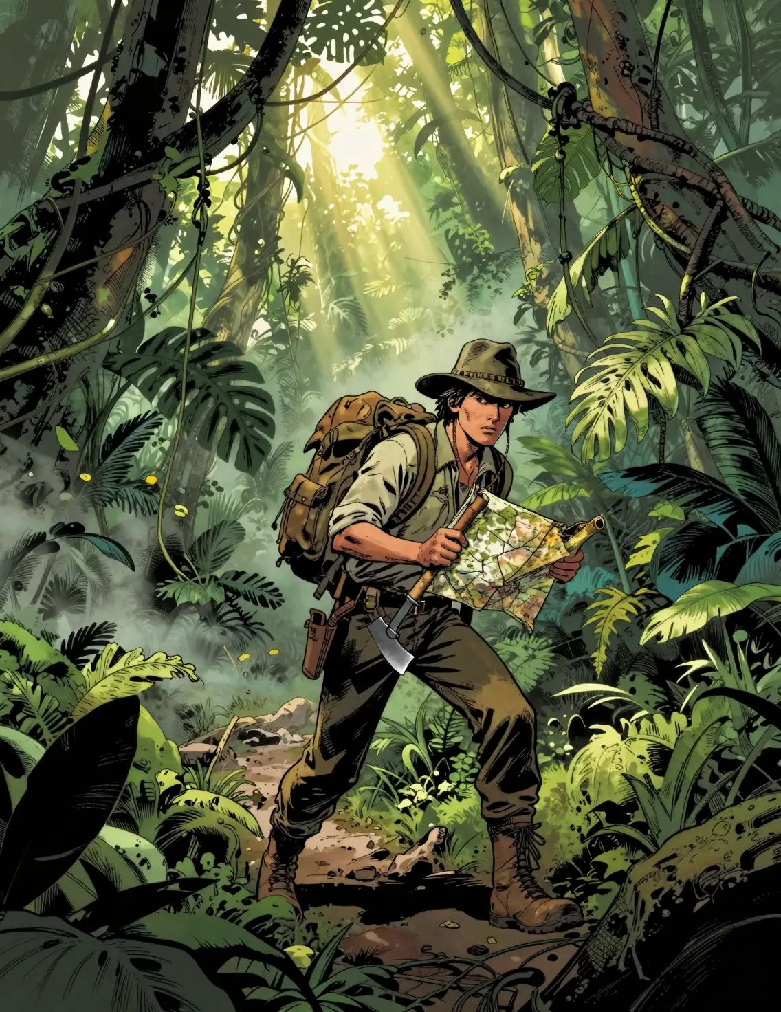 Fearless jungle explorer on a misty tropical trail