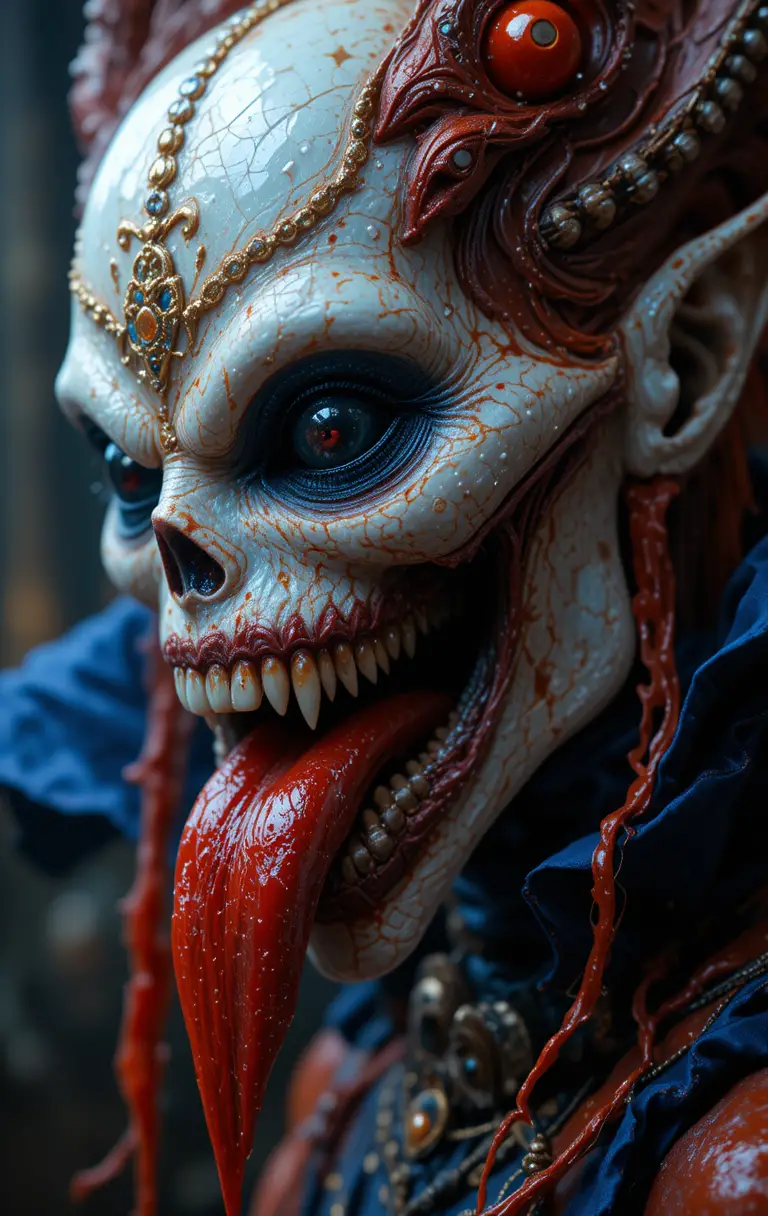 Creepy monster with metallic eyes and blood red tongue