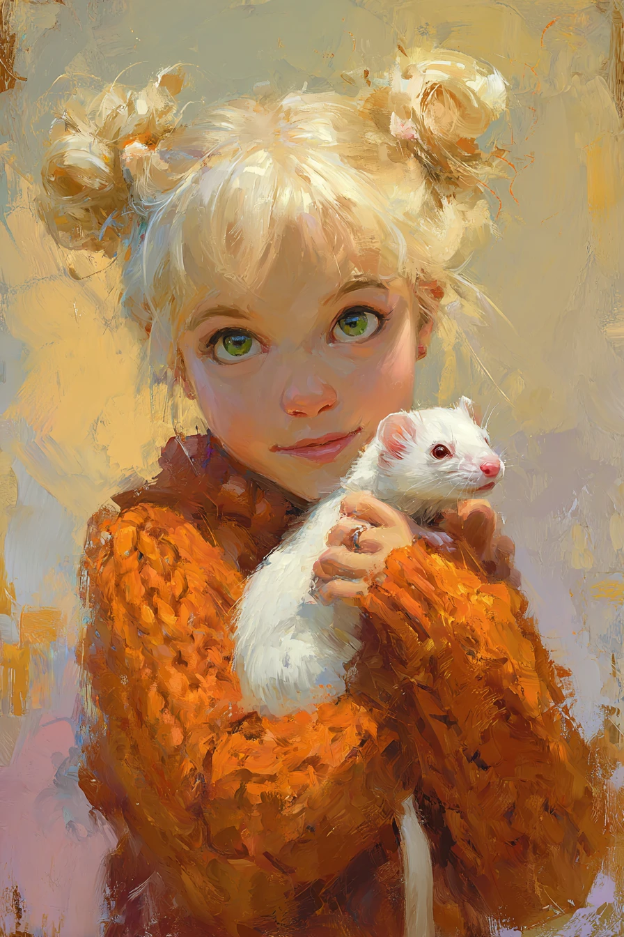 Whimsical girl with white ferret in warm painterly portrait
