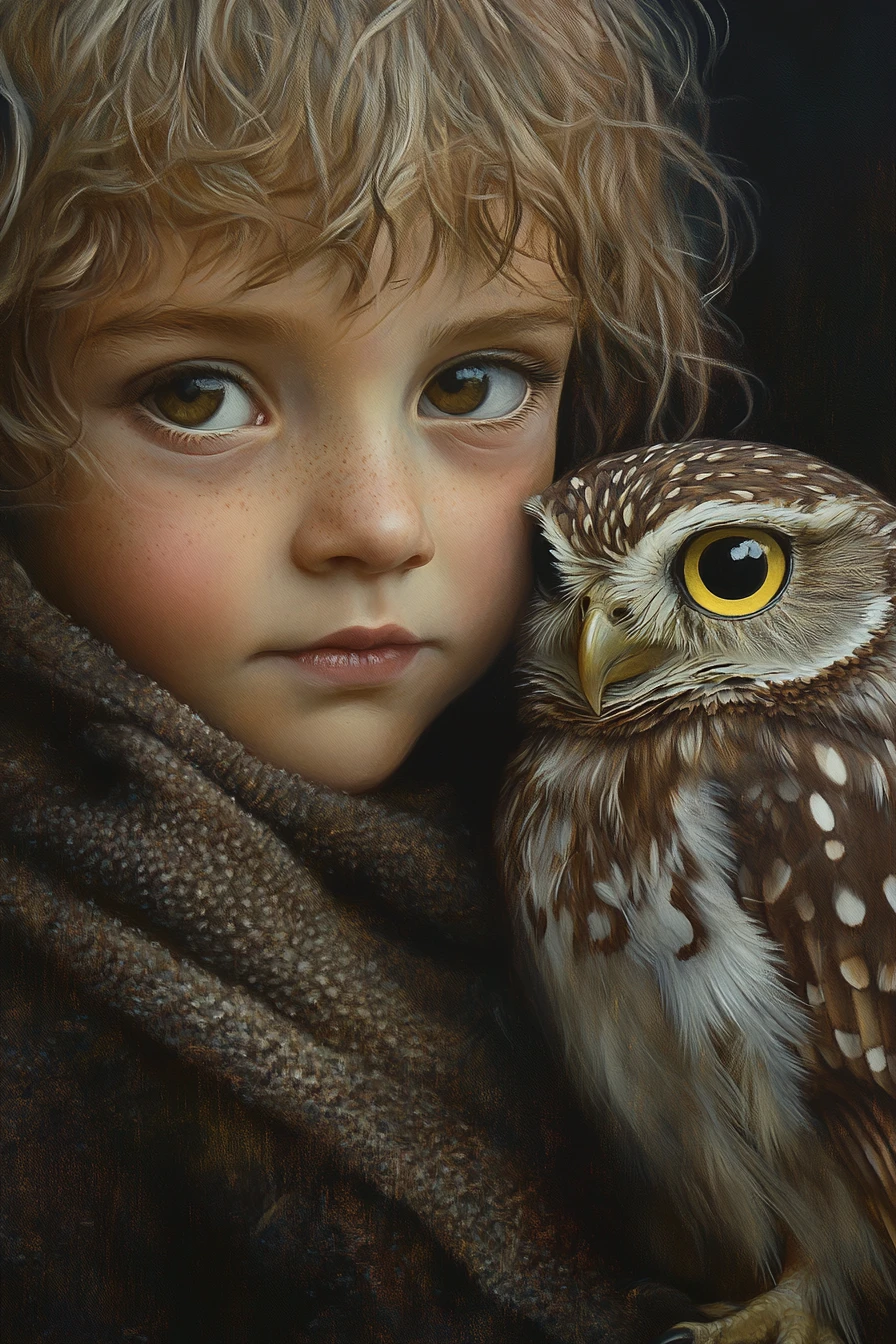 Young girl with small owl in warm close portrait