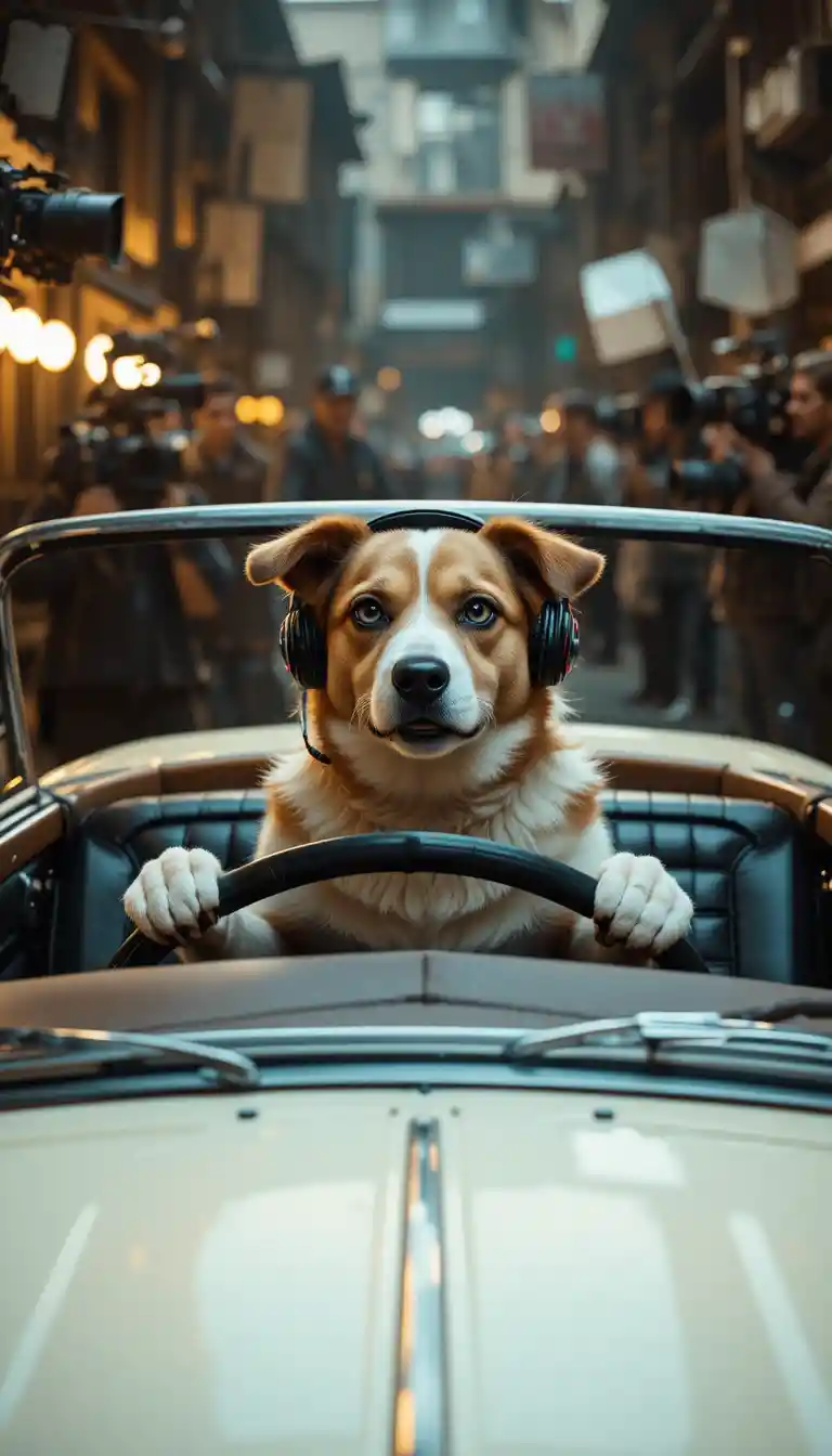 Expressive dog acting as driver on a busy film set