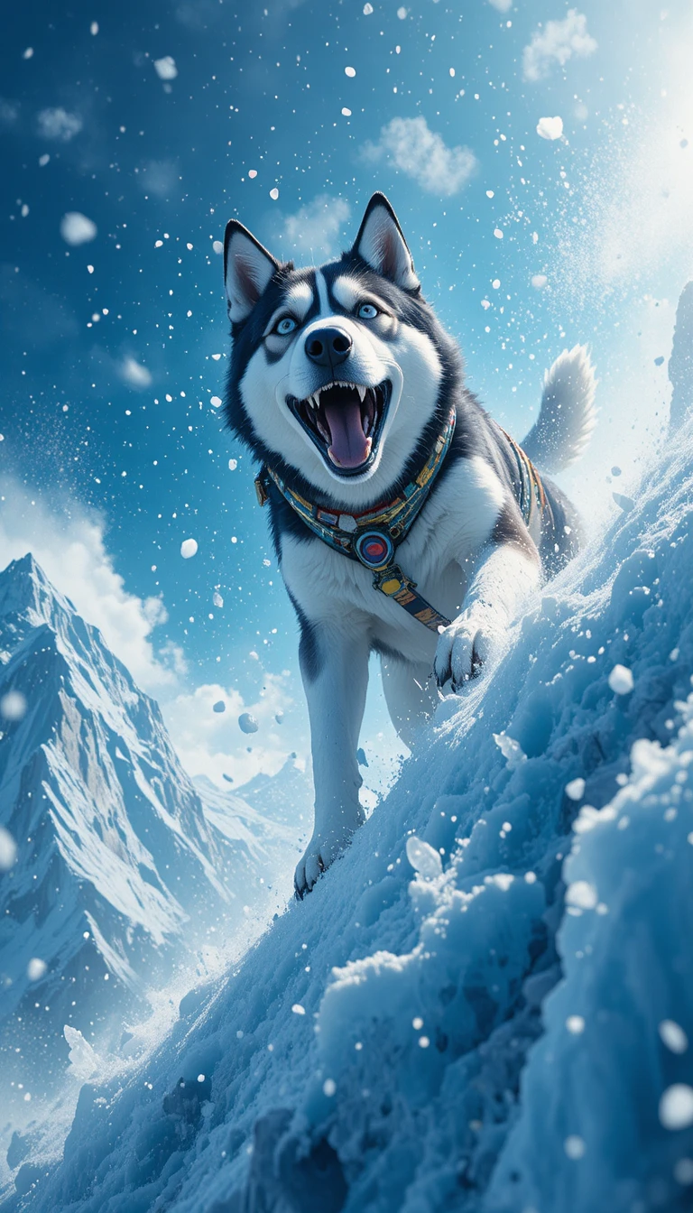 Determined husky climbing a steep icy mountain slope