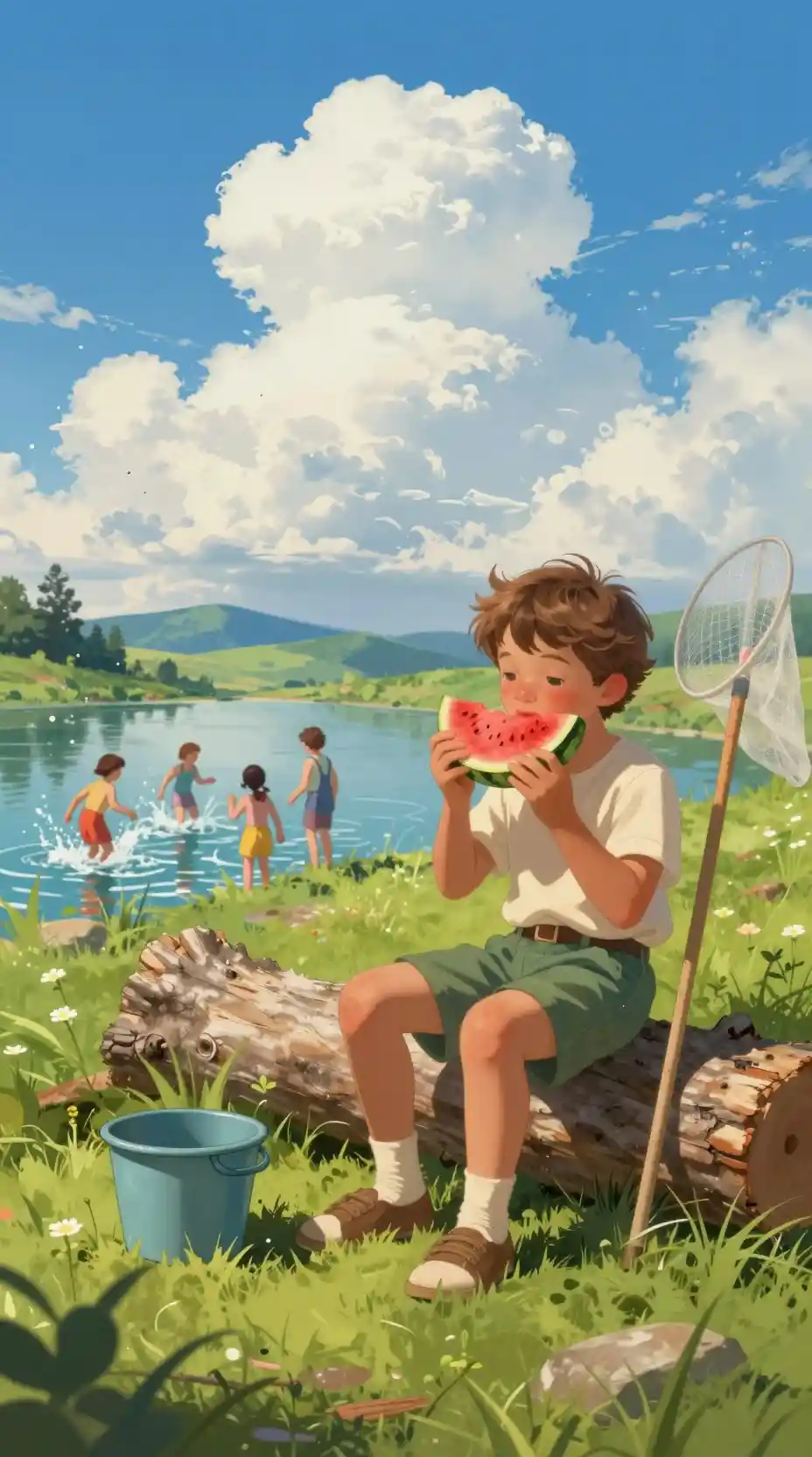 Boy Eating Watermelon By A Summer Lakeside